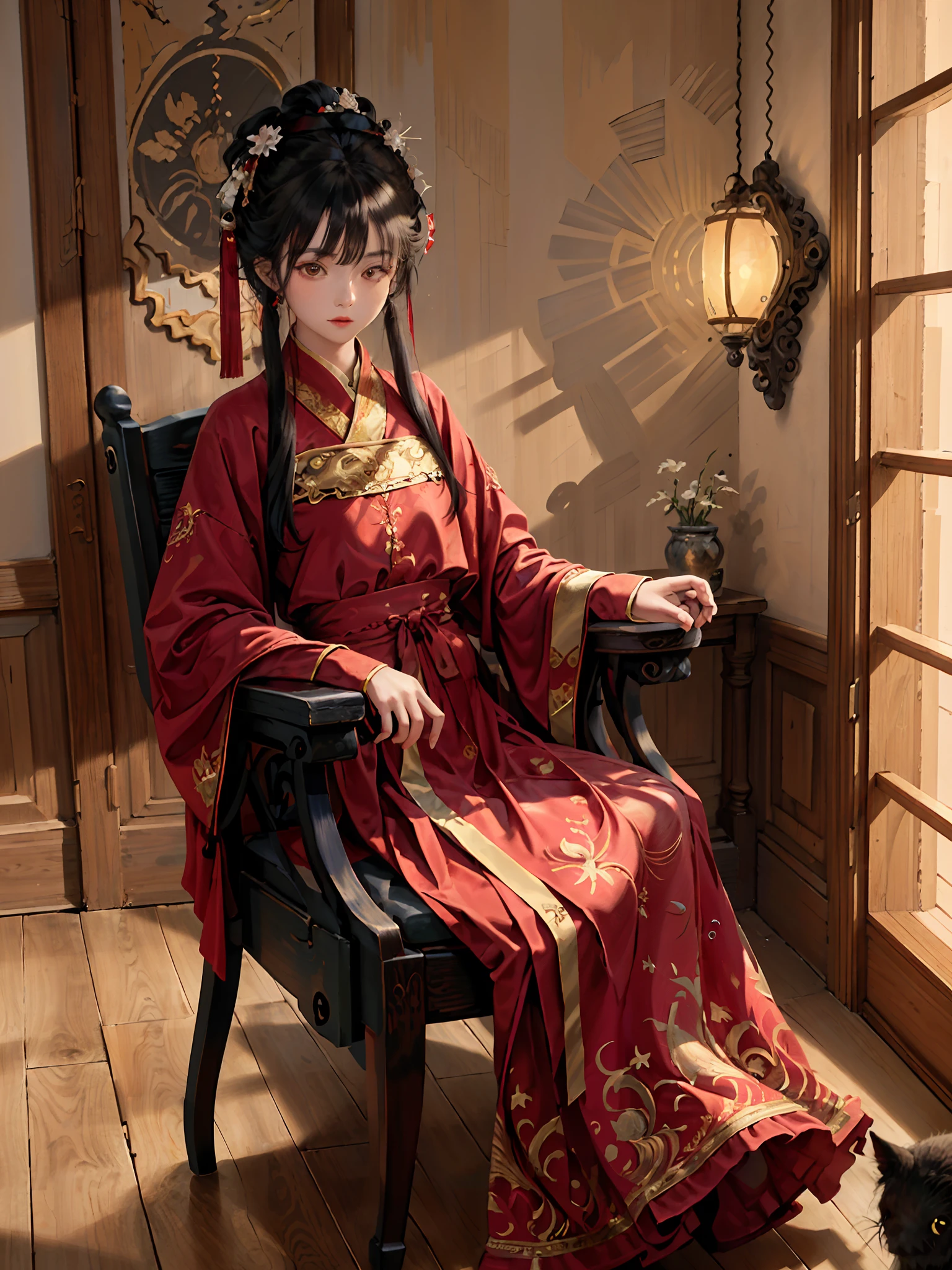 absurdres, highres, ultra detailed, (1girl:1.3), hand drawn, simple line,  girl in red color Chinese Hanfu , masterpiece, sitting at the chair, indoor, ancient room, moon light, with a black cat, night time, (1 cat)