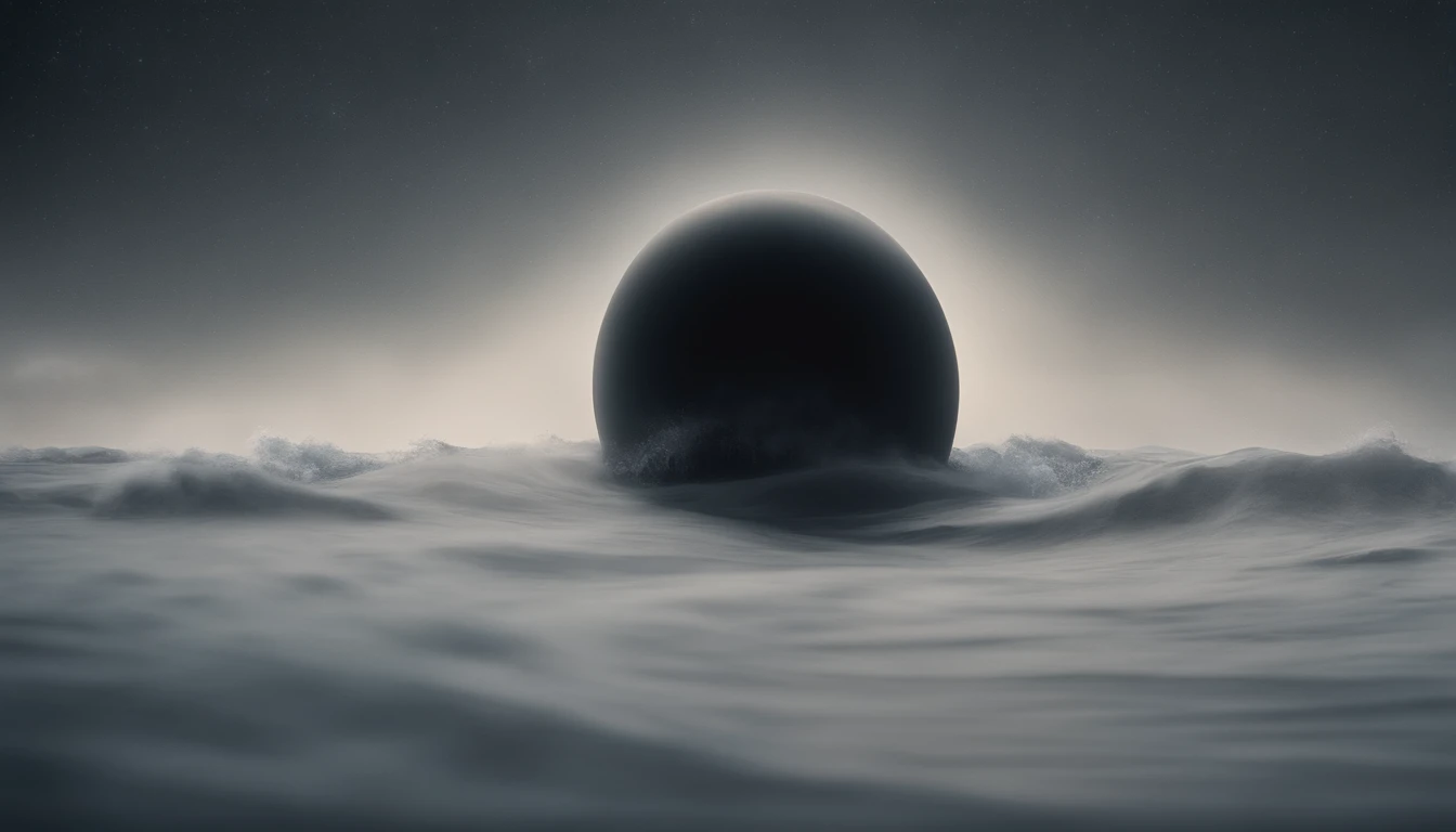 Generate an image that portrays the Earth as a featureless, dark sphere, shrouded in a mysterious deep ocean.