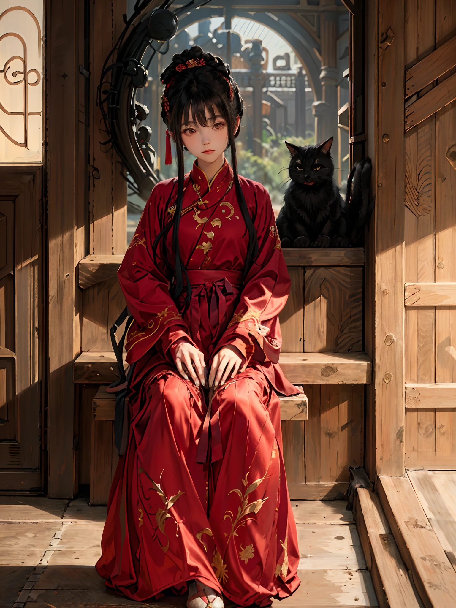 absurdres, highres, ultra detailed, (1girl:1.3), hand drawn, simple line, **** girl in red color Chinese Hanfu , masterpiece, sitting at the chair, indoor, ancient room, moon light, with a black cat, night time, (1 cat)