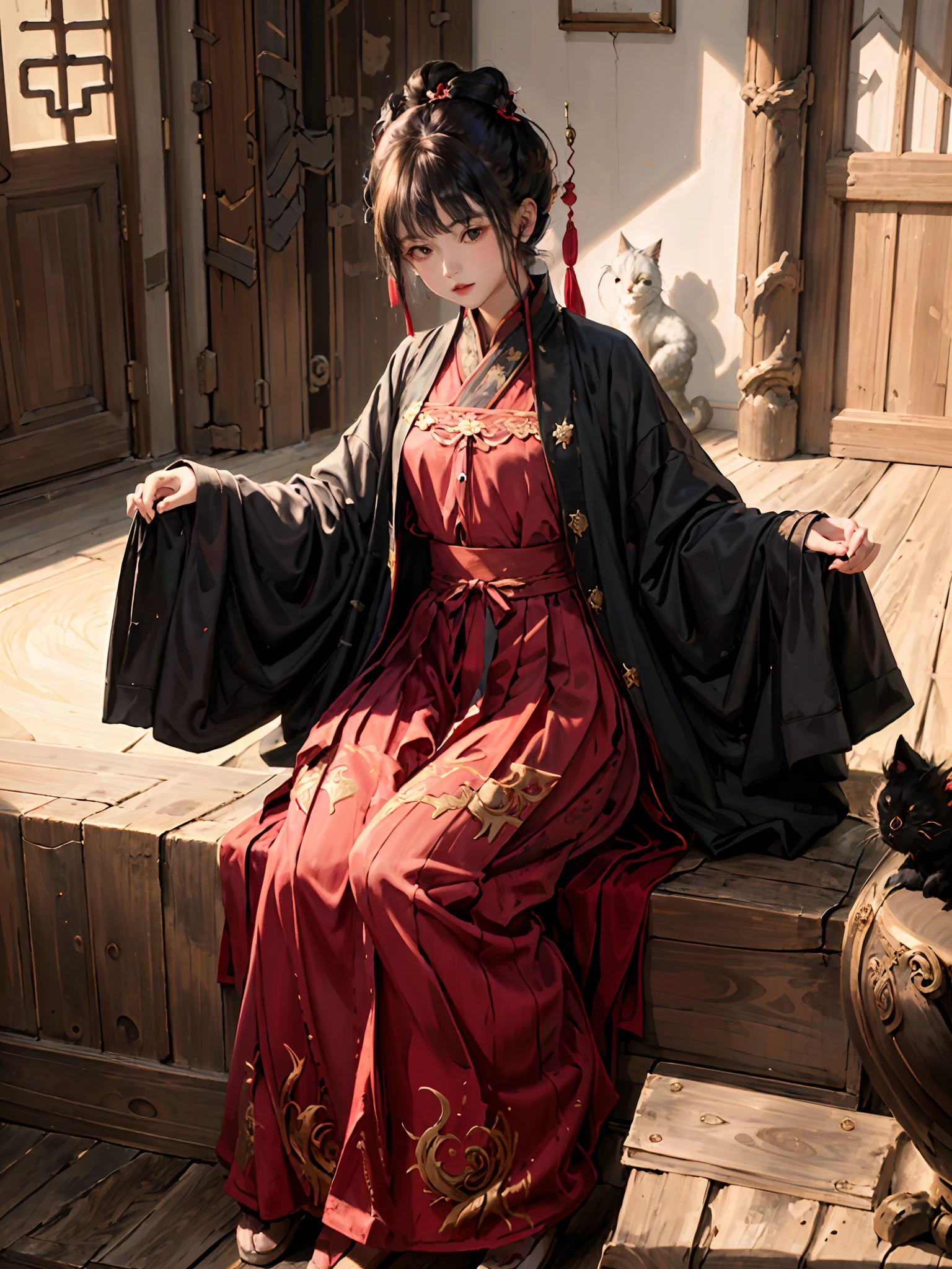 absurdres, highres, ultra detailed, (1girl:1.3), hand drawn, simple line, **** girl in red color Chinese Hanfu , masterpiece, sitting at the chair, indoor, ancient room, moon light, with a black cat, night time, (1 cat)