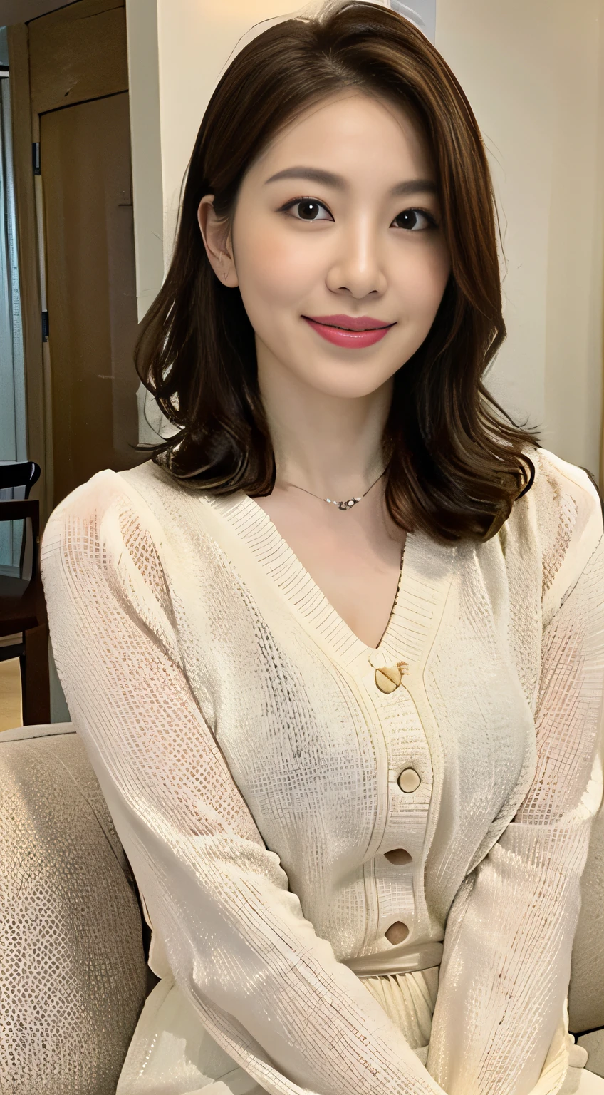 ((中景 the scene is、Two-thirds of the photo))top-quality、tmasterpiece、超A high resolution、(Photorealsitic:1.4)、A Japanese lady、48-year-old woman,ssmile,Wavy brunette hair、Silk、Knitted dress(huge-breasted:1.4)、standing on your feet:1.2,Living room sofa background,Slightly chubby body:1.2,Straight body,Slightly chubby face:1.2,Wrinkles at the corners of the eyes,There are wrinkles at the corners of the mouth,((fully body photo))