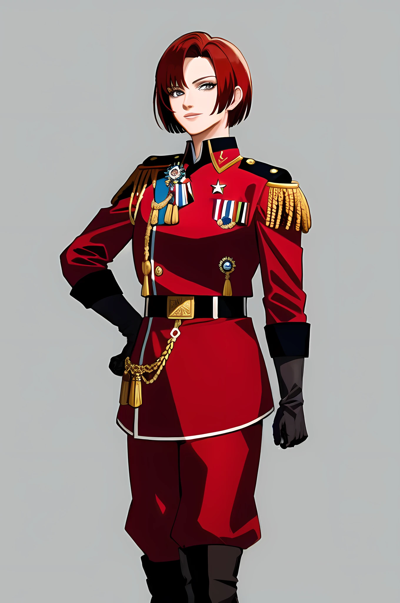 masterpiece, 1girl mature_female, red_hair short_hair bob_cut, looking_at_viewer, blue_eyes, red military_uniform, green epaulettes, aiguillette, medal, elbow_gloves black_gloves, hand_on_own_hip, buttons, belt, black_boots, red_pants, muscular_female, military, solo cowboy_shot