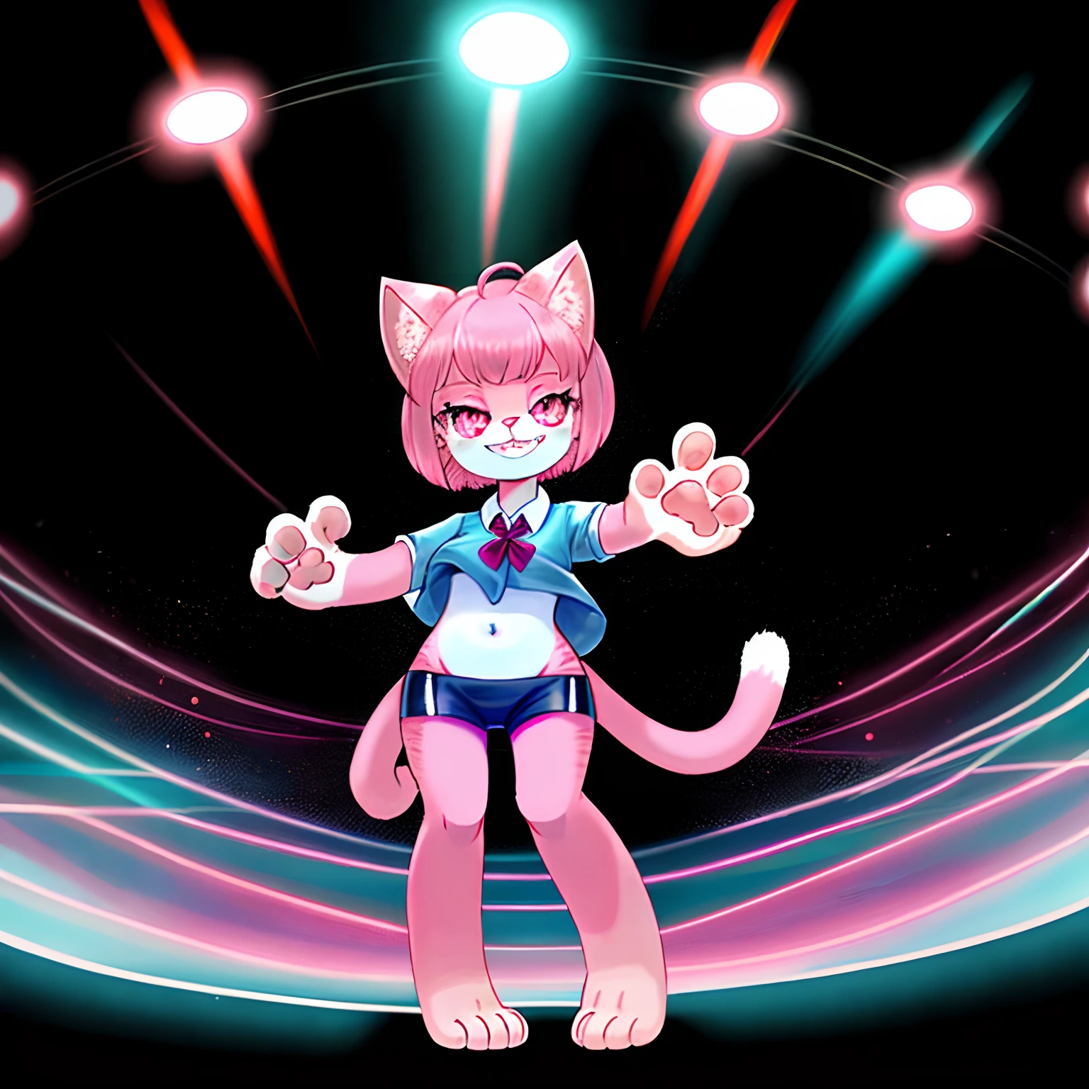 downy furry,Little girl,loli,PINK hair,short hair ,PINK CATt eye, pink downy furry skin,PINK CAT ears, pink furry hand,PINK CAT tail,a strip of furry cat tail,furry CAT legs,furry CAT foot,furry face, furry torso,furry navel,furry lips,furry cat mouth,good anatomy,good artist,good quality,good detail,full body,Nightclub,big breasts,Sexy underwear