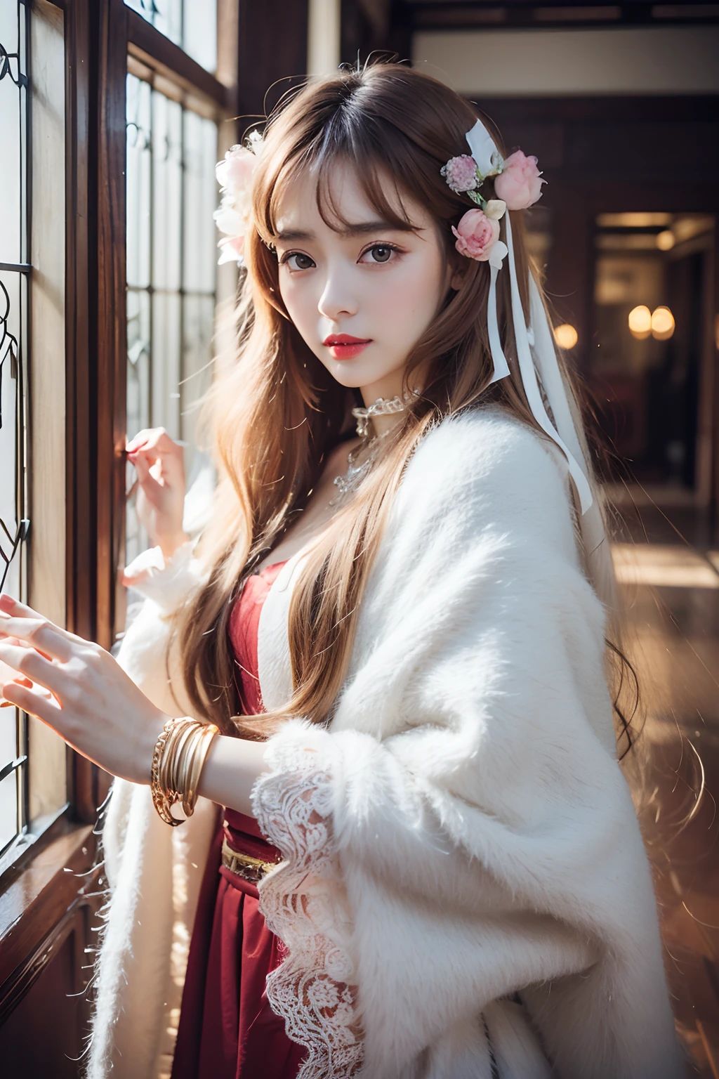 Works of masters,Higher quality,超高分辨率,8K分辨率,depth of fields,in a panoramic view,first person perspective,Slim waist,Long legs,Flowing hair,Vivid colors,s the perfect face,Girl,solo person,ssmile,Red lips,Big eyes,long whitr hair,A brown-haired,Wave head,Bracelet,Collar,bangle,Gorgeous Hanfu,frilld,lacing,White gauze shawl,fur shawl,Facing the viewer,eventide,Temple,Natural soft light