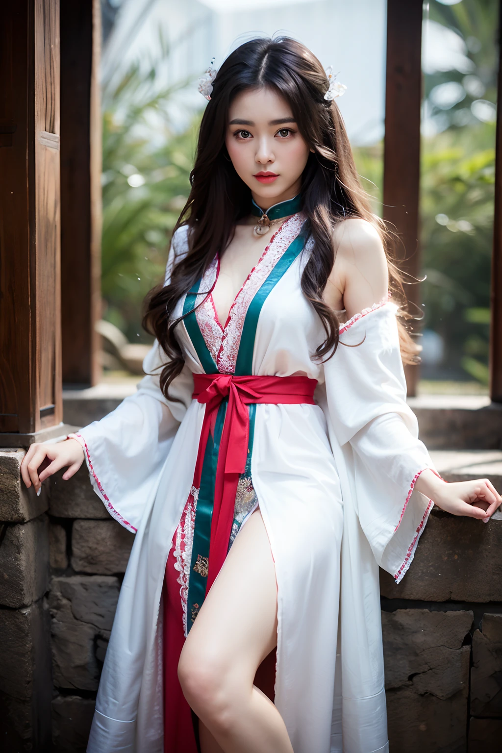 Works of masters,Higher quality,超高分辨率,8K分辨率,depth of fields,in a panoramic view,first person perspective,Slim waist,Long legs,Flowing hair,Vivid colors,s the perfect face,Girl,solo person,ssmile,Red lips,Big eyes,long whitr hair,A brown-haired,Wave head,Bracelet,Collar,bangle,Gorgeous Hanfu,frilld,lacing,White gauze shawl,fur shawl,Facing the viewer,eventide,Temple,Natural soft light