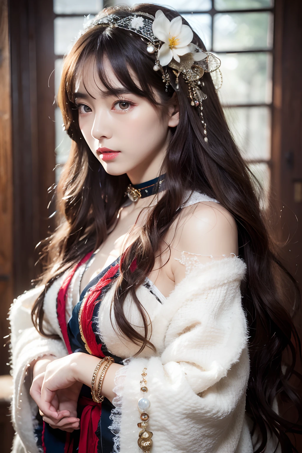 Works of masters,Higher quality,超高分辨率,8K分辨率,depth of fields,in a panoramic view,first person perspective,Slim waist,Long legs,Flowing hair,Vivid colors,s the perfect face,Girl,solo person,ssmile,Red lips,Big eyes,long whitr hair,A brown-haired,Wave head,Bracelet,Collar,bangle,Gorgeous Hanfu,frilld,lacing,White gauze shawl,fur shawl,Facing the viewer,eventide,Temple,Natural soft light