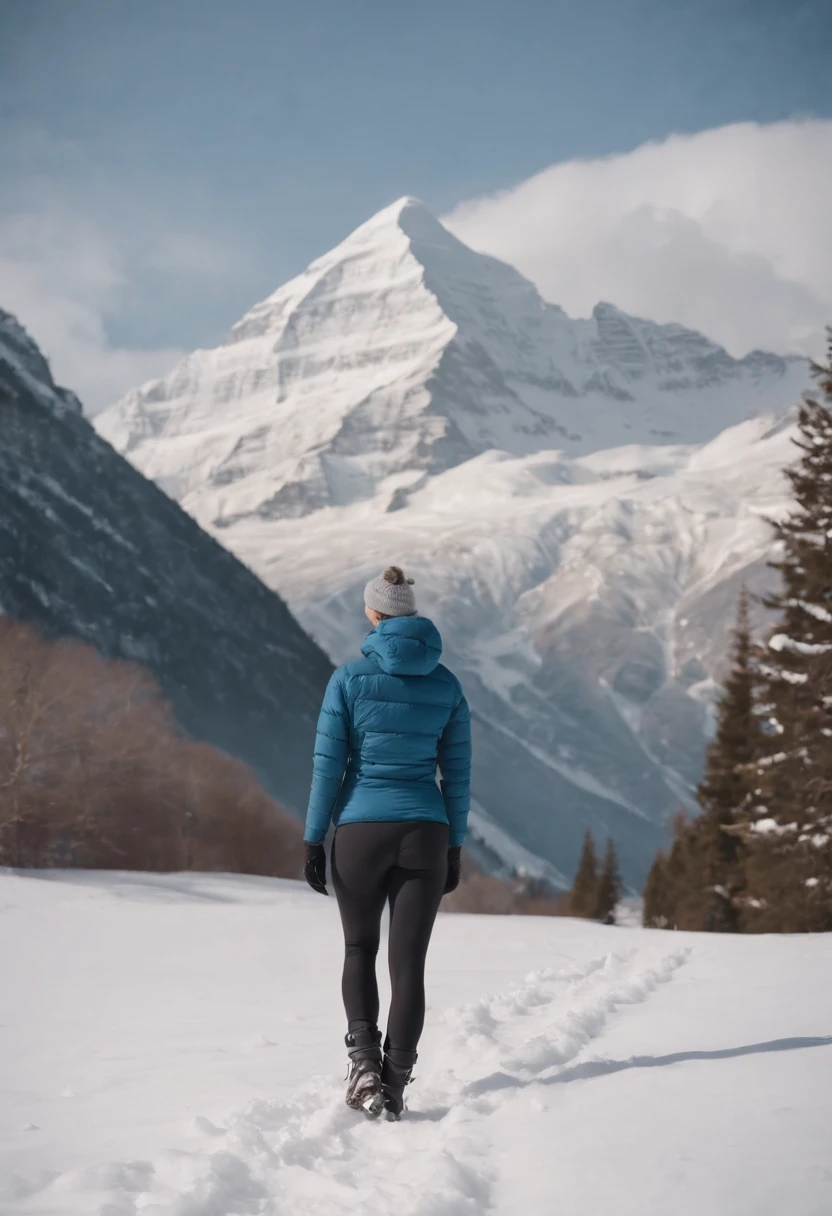 Climbers in leggings and winter suits stand on the snow，Look up at the snow-capped mountains towering in front of you