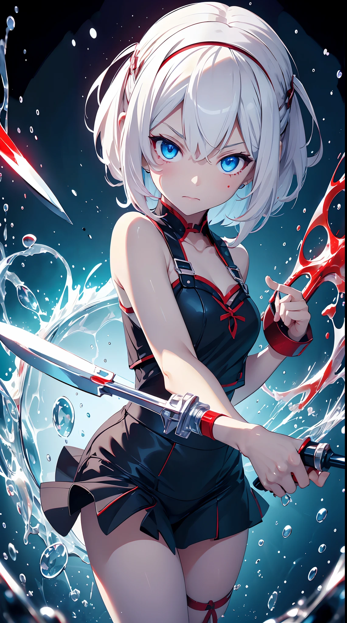 Gril, li,white hair, blue eyes,Holding a knife, red liquid and red blood, living room background. )(epic image quality(many effects in background)