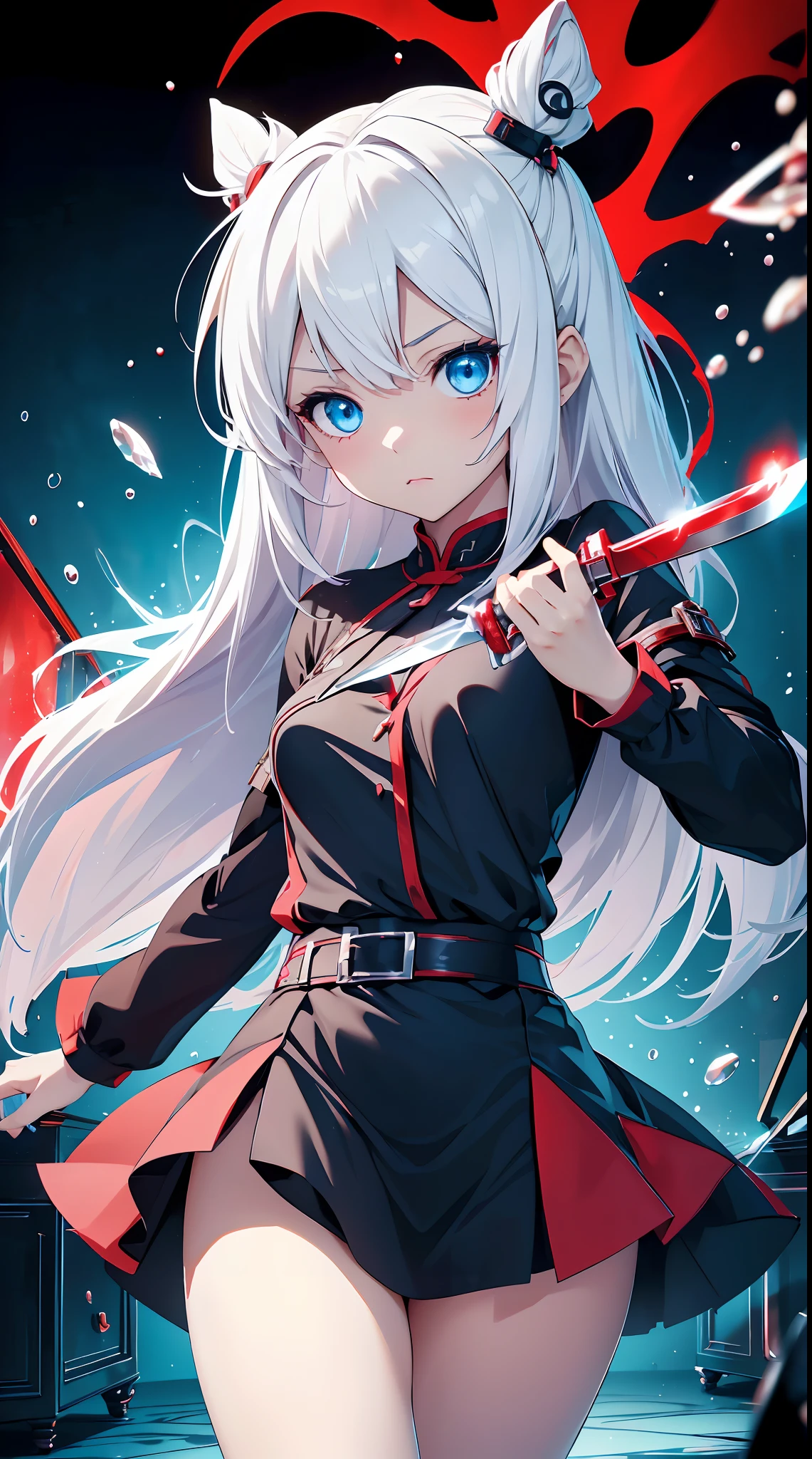 Gril, li,white hair, blue eyes,Holding a knife, red liquid and red blood, living room background. )(epic image quality(many effects in background)