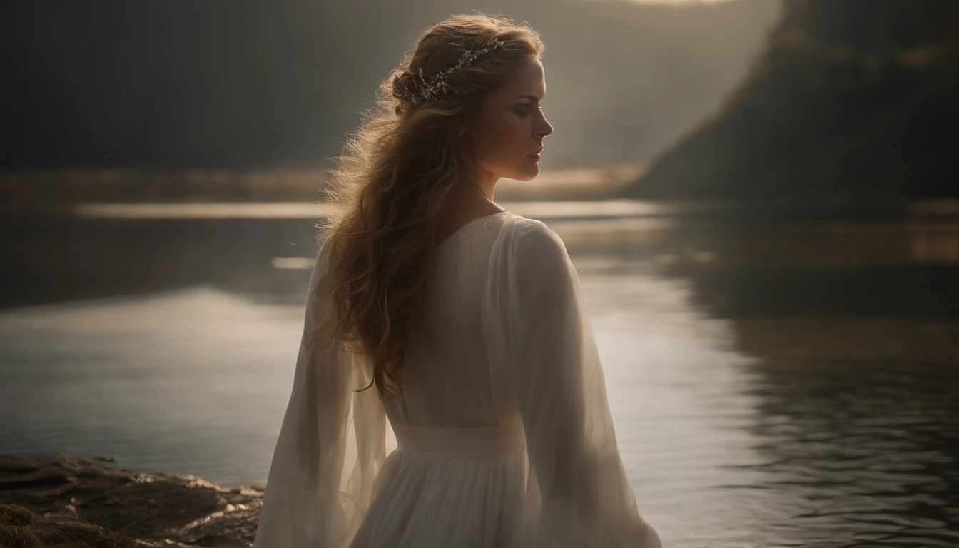 Craft an ethereal and awe-inspiring image representing the Spirit of God gently hovering over the waters, emitting an aura of divinity.