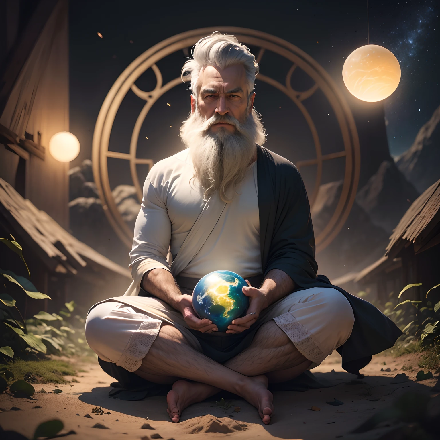 Fotografia colorida RAW de alto detalhe, next to: Old man in lotus position , sexo masculino,o Iluminado ,(altamente detalhado, Hiperdetalhamento, Emaranhamento), (brilho da lente: 0,7), (florescer: 0,7), particle fx, Ray Traced, cinemac lighting, profundidade de campo rasa, fotografado com Sony a9 II, lente grande angular de 50mm, foco nítido, Homem , mayor, old appearance, muito mais velho , mayor, cabelo e barba branco , mais masculino, Muito mais masculino, gray hair and beards holding a planet Earth in the form of an energetic sphere of light , continuar com plano de fundo, Muito mais masculino , viril, Strong and athletic , Yogic elder , roupas de monge , Yogue , mudar a roupa , mais claro o ambiente, luzes emaranhada , o globo luminoso , planeta terra , Planeta Azul, muito mais luz no ambiente, lotus flowers on the ground, luzes , mais raios de luz , Coloring the scenery