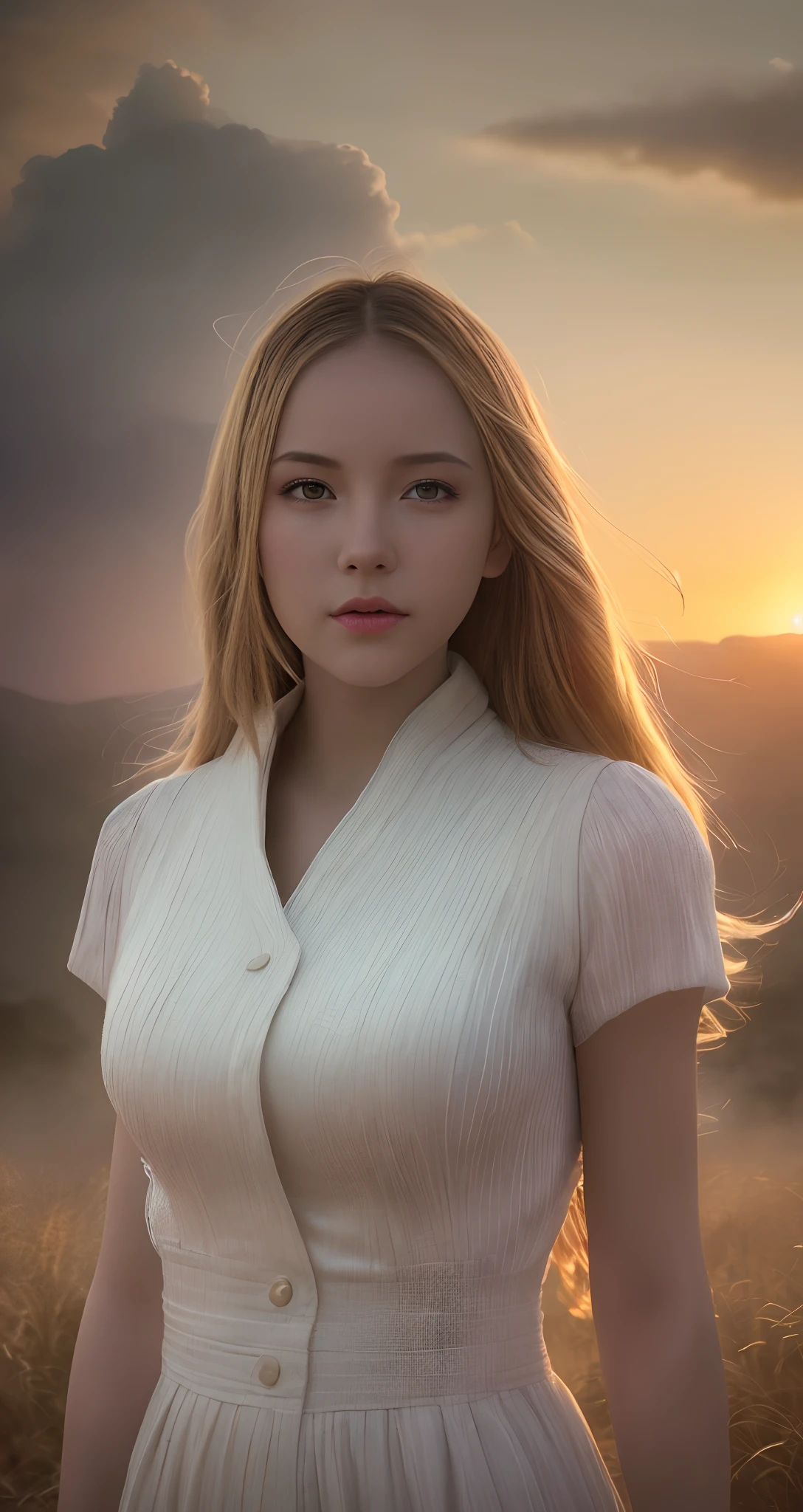 (Best Quality, Cinematic lighting, masutepiece:1.2), Ultra-detailed, "cinematic still", depth of fields, masutepiece, Textured skin, hight resolution, 1girl in, "Cloud Girl", "Floating in the sky", hight resolution, "Bright", "Warm and soft lighting", "Sunset", (Spark:0.7),