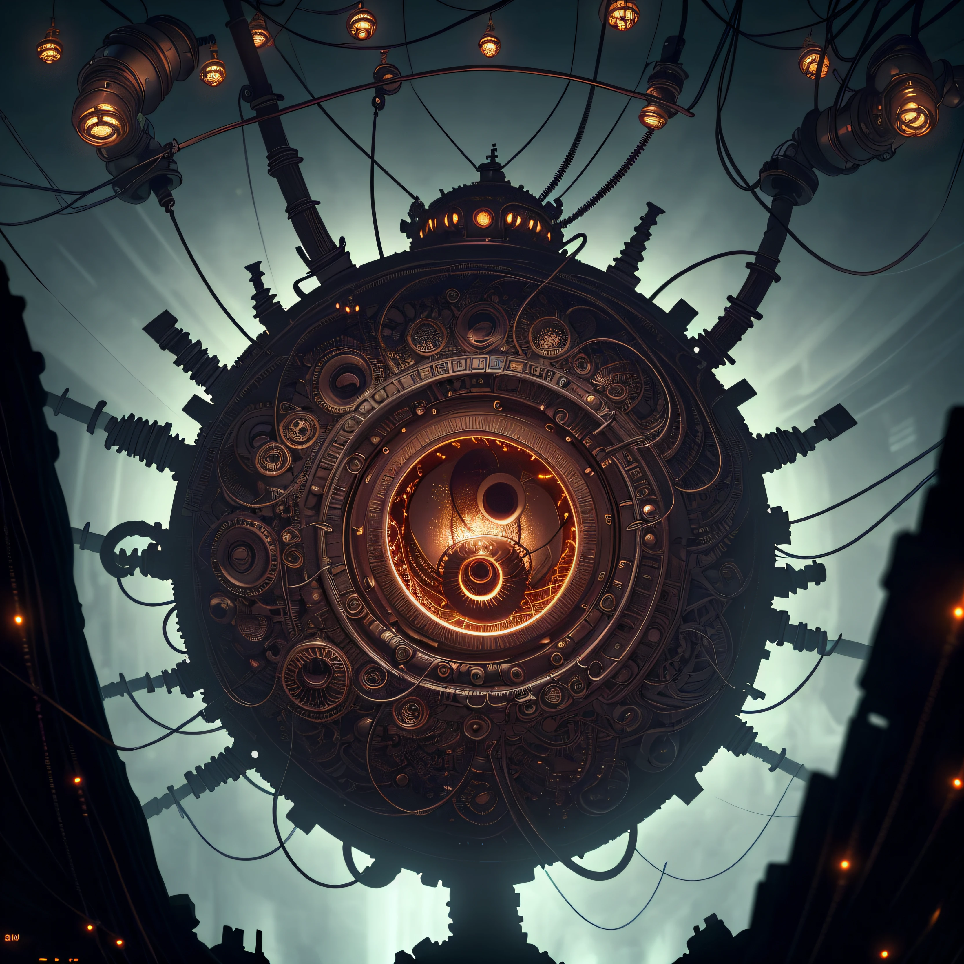 A beholder hovers peacefully in the foreground with a incredibly complex and intricate network of cables arcing behind him, dark fantasy, dark atmosphere, atmospheric lighting, cinematic lighting, best angle, ultra-detailed, intricate, angle from below