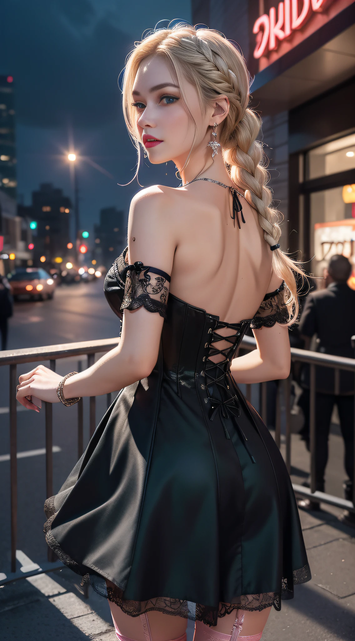 8k, masterpiece, RAW photo, best quality, detail:1.2),photorealistic, extremely detailed CG unity 8k wallpaper, Depth of field, Cinematic Light, Lens Flare, Ray tracing, (extremely beautiful face, beautiful red lips, beautiful eyes), intricate detail face, ((ultra detailed skin)), 1girl, in the dark, deep shadow, pretty girl,(slim slender fit-muscled body:1.3), ((looking at viewer)),(big smile), (laced dress), (shot sleeve) , (city night, (neon sign), (night), earrings, bracelets, necklace, pantyhose, clear eyes, makeup, walking, face forward, (big green eyes), ((upper body shot)), dress, laced dress, turning back, back shot, very slim, slander, blond braid hair over shoulder, pink blue, dress, 3D, rich colors, makeup, (lace stockings with garters, cord trim, lace), [[bodysiut lacy lace-upp]], (Intricate detailed multi-layer bodysiut lacy lace-upp), corset, skirt, silver, earrings, necklace, bracelets, valuables