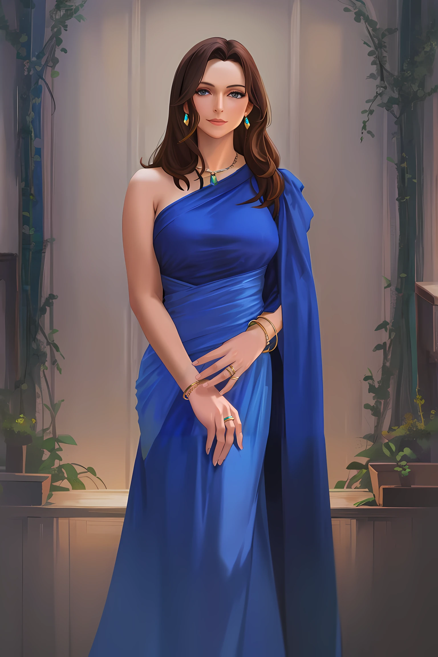 masterpiece, 1girl mature_female, brown_hair medium_hair, looking_at_viewer, blue_eyes, blue_dress, long_sleeves, bare_shoulders, own_hands_together, bracelet, earrings, ring, necklace, jewelry, medium_breasts, solo cowboy_shot