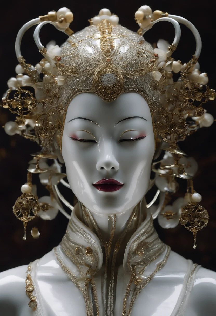 A photograph of a Japanese android from the mid-twenties made of shiny white and silver translucent glass and plastic, Maquillaje y peinado de geishas, Mecanismos internos del cuerpo de metal plateado, dynamic pose, Fluid organic construction, Circuitos dorados brillantes, colorful neon trim, Circuitos brillantes, neon trim, Enfoque de profundidad de campo f/2.8, arte por H.r. Giger, Greg rutowski