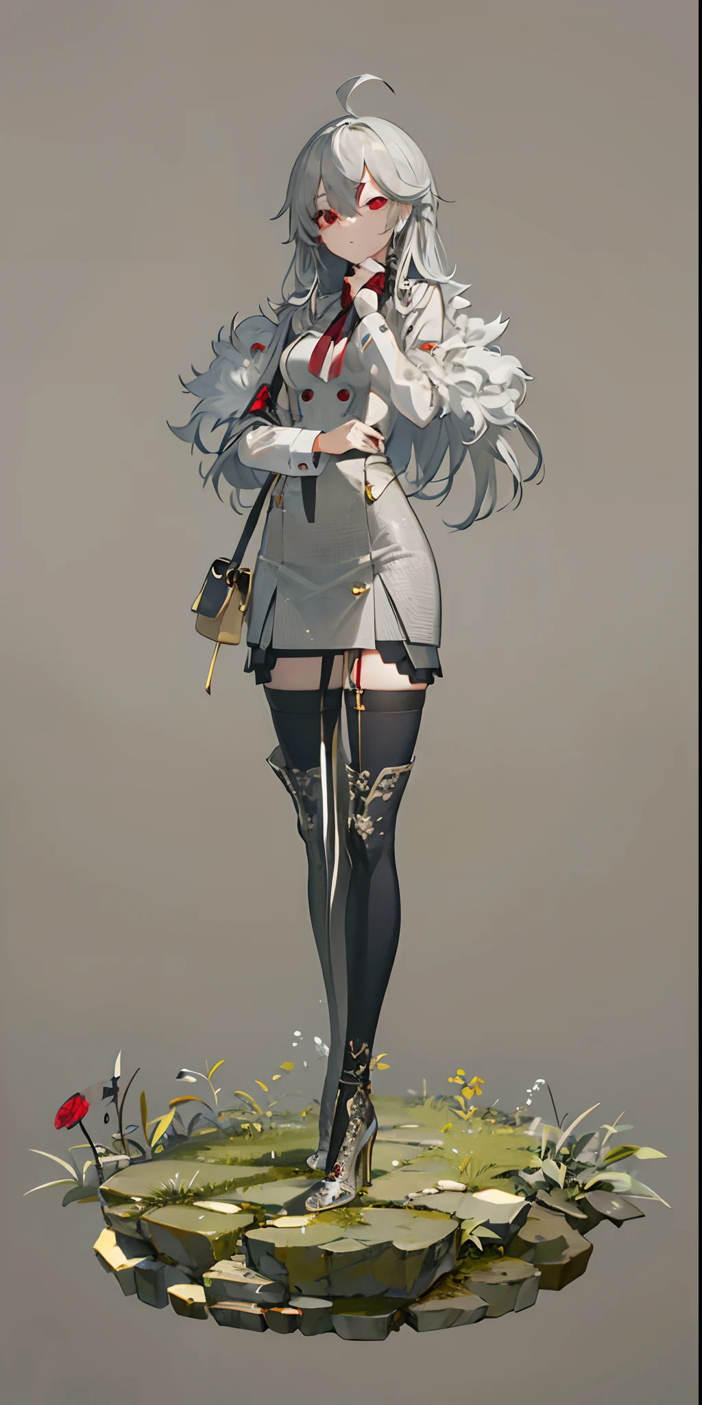 masterpiece,(bestquality),highlydetailed,ultra-detailed, cold , 1girl , bishoujo , stare , (red eyes:1.5) , (beautiful detailed eyes:1.2) , (long hair:1.2) , (white hair:silver_hair:0.5) , (Wing-like bangs:ahoge:0.8) , (Dull hair:ahoge:0.8) , (Hair rings:0.8) , (braid:0.8) , (grey background) , (high heels:1.2) , standing , (thighhighs:1.2)