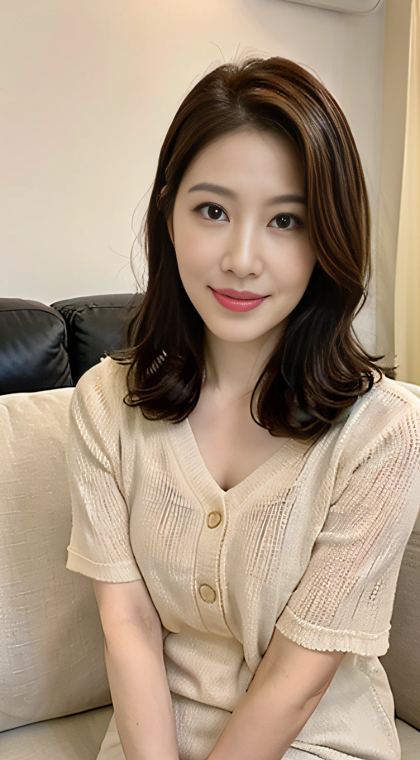((中景 the scene is、Two-thirds of the photo))top-quality、tmasterpiece、超A high resolution、(Photorealsitic:1.4)、A Japanese lady、48-year-old woman,ssmile,Wavy brunette hair、Silk、Knitted dress(huge-breasted:1.4)、standing on your feet:1.2,Living room sofa background,Slightly chubby body:1.2,Straight body,Slightly chubby face:1.2,Wrinkles at the corners of the eyes,There are wrinkles at the corners of the mouth,((fully body photo))