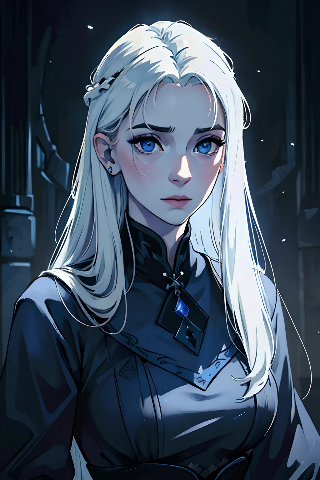 (best quality,4k,8k,highres,masterpiece:1.2),ultra-detailed,(realistic,photorealistic,photo-realistic:1.37),HDR,UHD,stunningly detailed,long white hair,long white hair flowing,attractive mature woman,beautiful stunning woman,pale skin,pale complexion,pale face,piercing blue eyes,extraordinary blue eyes,detailed blue tattoos on face and body,ethereal,ethereal atmosphere,medieval,medieval setting,dark blue dress,dark blue medieval dress,alluring, enchanting