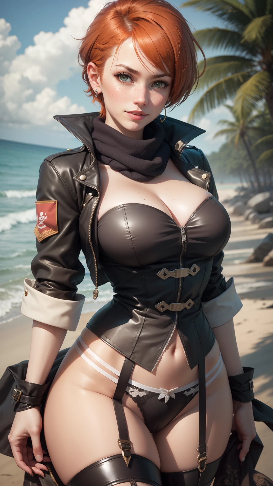 gwen tennyson,tracer,nico robin,yorha 2b,rebecca chambers,atelier ryza,pirate outfit,beach,ager,green eyes,thigh high boots,garter belt,shy smile,striped panties,short hair,orange hair,pirate ship,white striped top,tight gothic mini skirt,wet body,freckles,redhead,pirate corset,pirate jacket,beautiful girl,large breasts,ultra detailed,realistic,pearl earrings,long scarf,