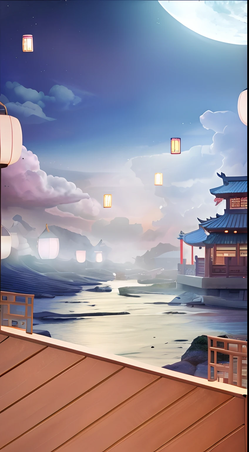 Night view of Chinese architecture,Wooden table,Kongming Lantern,Clouds,River,Lights of all homes