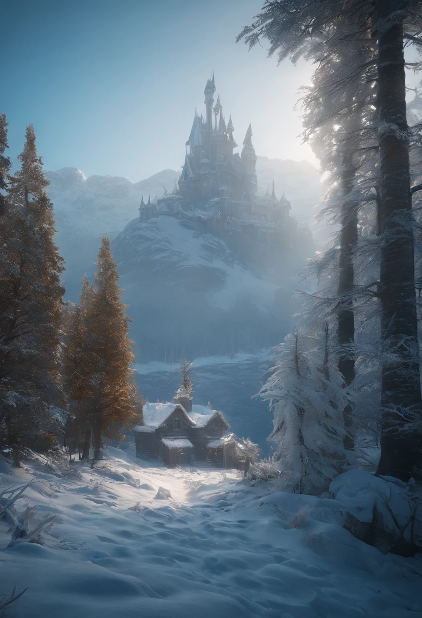 frost land, frost kingdom, stunning, cinematic lighting, unreal engine, trending on ArtStation, intricate details, masterpiece, best quality, by Irakli Nadar, Greg Rutkowski，(((best quality))),(((ultra detailed))),(((masterpiece)))