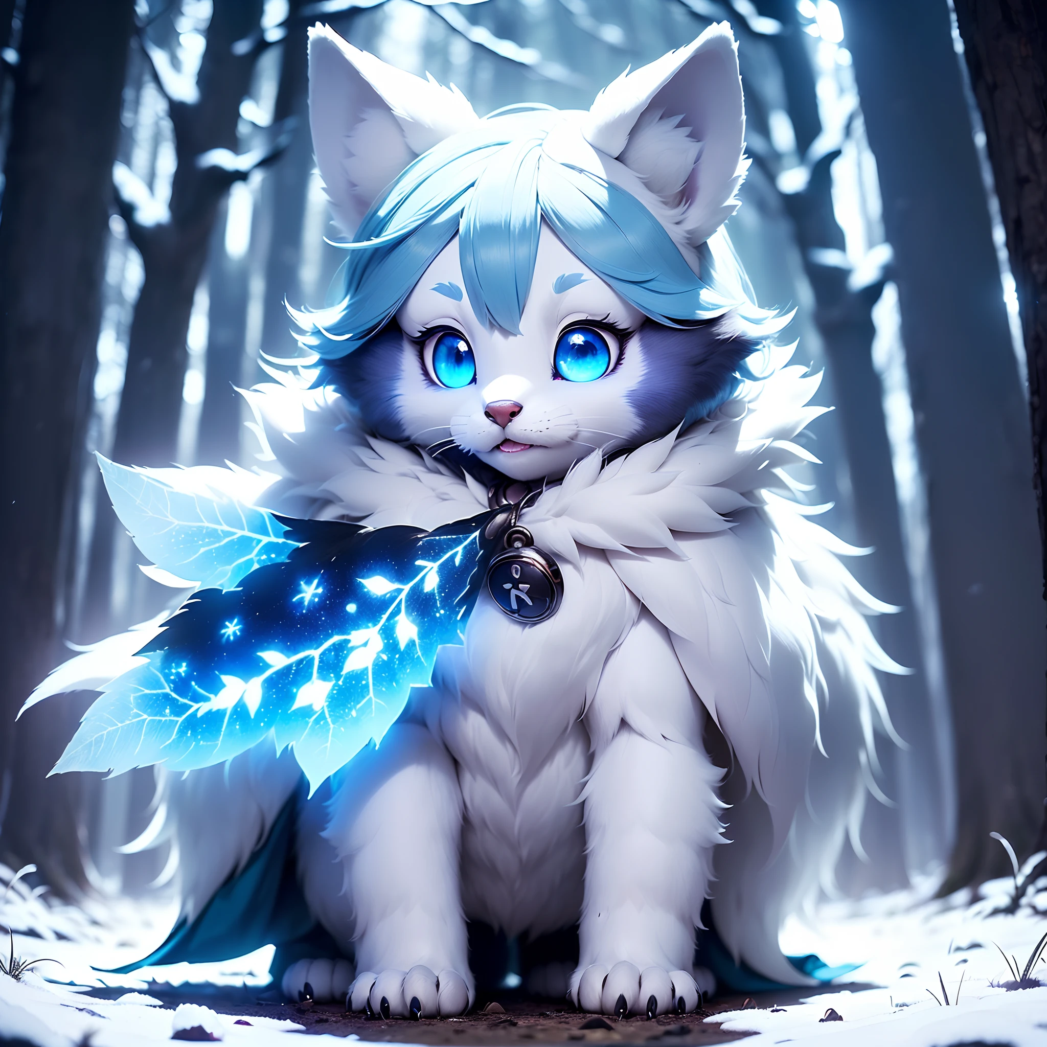 Anthropomorphic standing furry little wolf，adolable, Light：Extreme light and shadow,(anthr(Full Body Furry,Head bust close-up， Pale blue hair,Large pale blue ears，Big blue eyes，The mouth is slightly large，White fur，Reddish skin ，Sky blue eyes, Pale blue hair:1.2), (long canines、Thick blue cloak，White fur trims：1.2），（the night、lawns)) ，((Deep in the dark forest at night，glowworm，独奏，solo person))，((the detail))，（depth of fields)，（Sell moe），(standing on your feet))