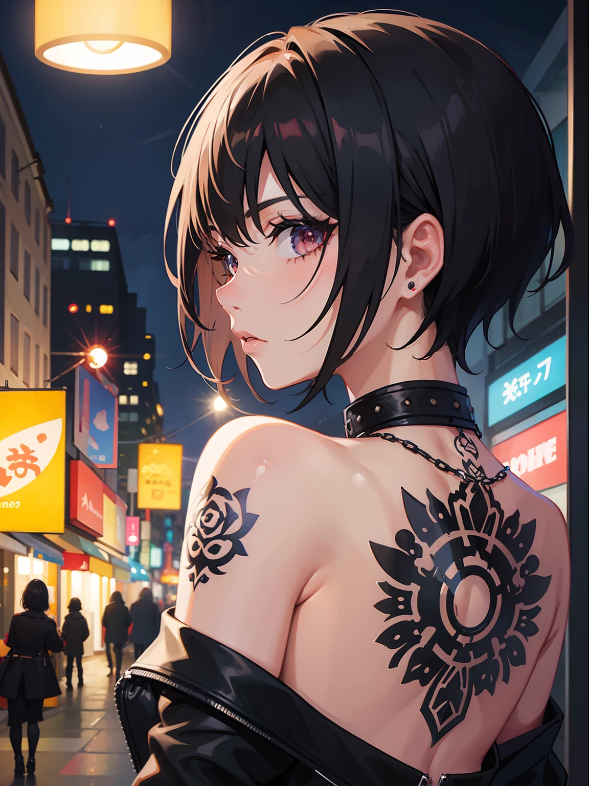 1 girl, night, short hair, tattoo, looking over shoulder, gothic, punk