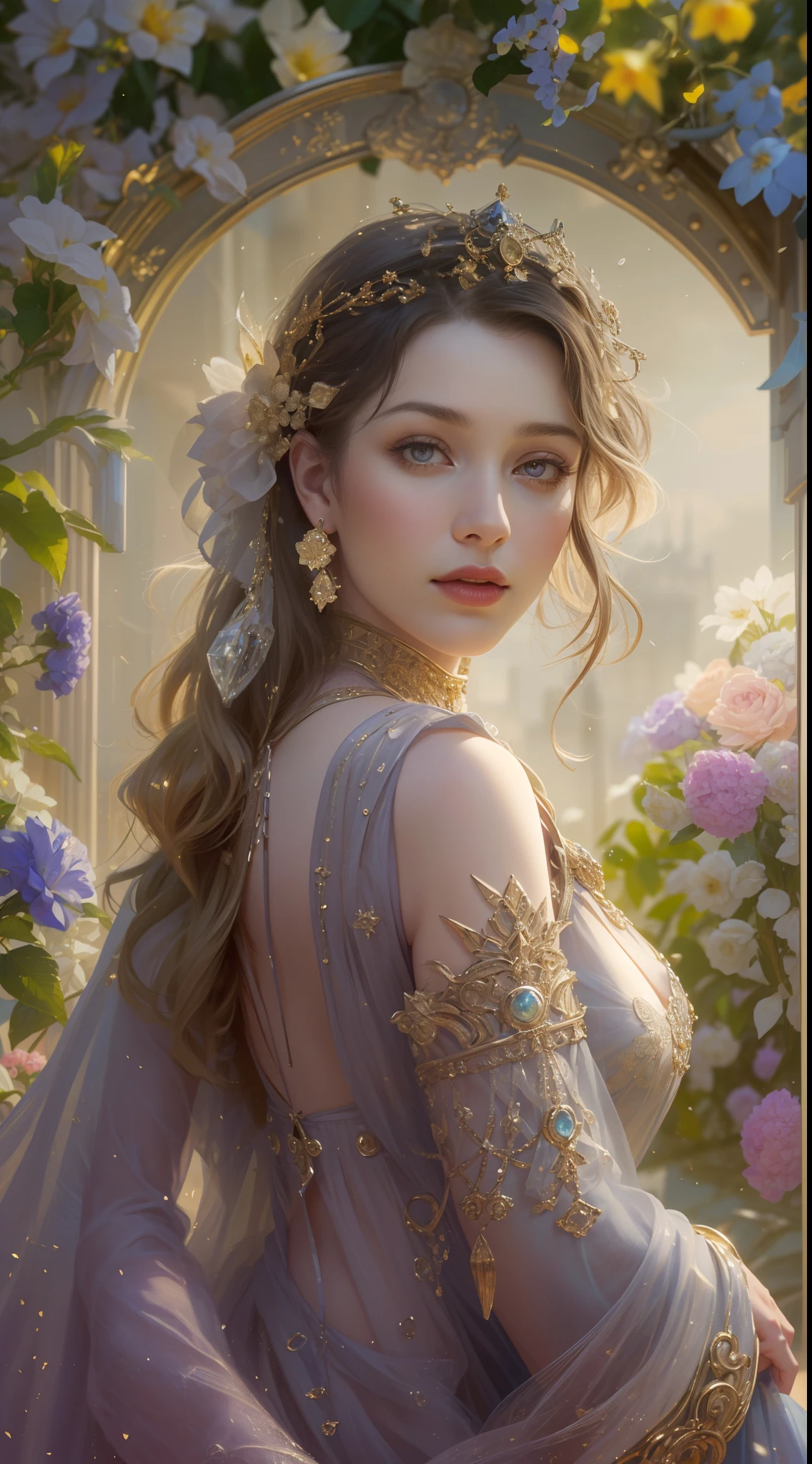 (Best quality,8K,A high resolution,Masterpiece:1.2),Ultra-detailed,(Realistic,Photorealistic,photo-realistic:1.37),Portrait,Creative style artwork,Historical,classical,Sophisticated,plethora of colors,Highly detailed,Soft lighting,luxurious environment,detailed gown,Vibrant flowers,detailed jewellery,Ethereal atmosphere,Elegant Pose,Graceful curves,Gold body proportions，Flowing hair,Breathtaking textile patterns,Harsh purple eyes,Delicate floral decoration,A dazzling array of crystal accessories,Mysterious and dreamy atmosphere,Impeccable attention to detail.