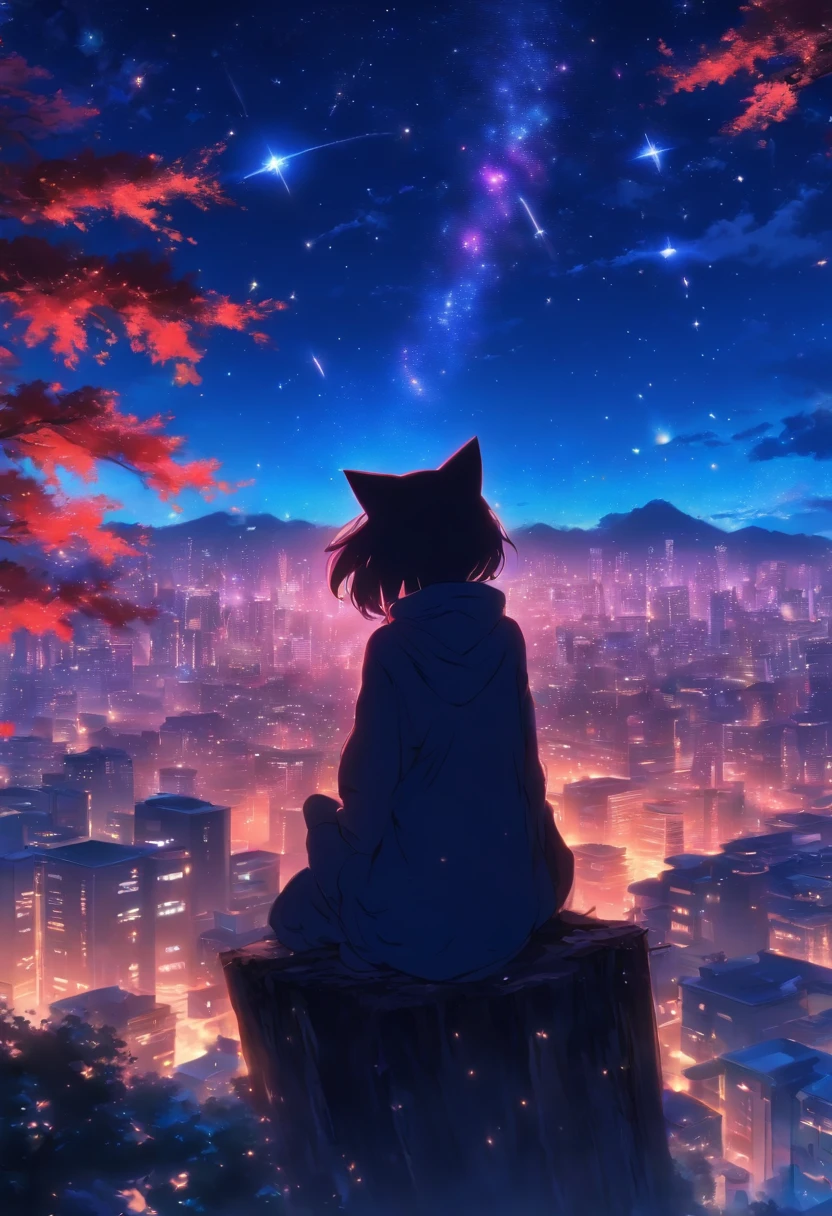 （reddish、Pink），octans, 天空, stele(天空), landscapes, starrysky, natta,（ 1girl in,One Cat、Snuggle up：1.5），（Snuggle up：1.3），nigh sky, 独奏, plein air, built, 云, shooting stars，sitting on, The tree, length hair, 城市, silhuette, Cityscape，from behind