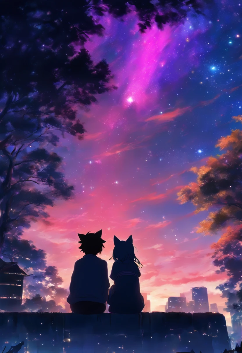 (reddish、Pink),octans, 天空, stele(天空), landscapes, starrysky, natta,( 1girl in,One Cat、Snuggle up:1.5),(Snuggle up:1.3),nigh sky, 独奏, plein air, built, 云, shooting stars,sitting on, The tree, length hair, 城市, silhuette, Cityscape,from behind