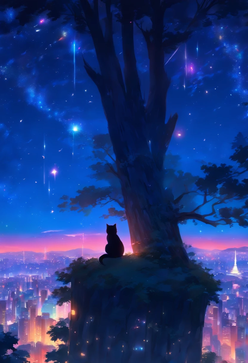(reddish、Pink),octans, 天空, stele(天空), landscapes, starrysky, natta,( 1girl in,One Cat、Snuggle up:1.5),(Snuggle up:1.3),nigh sky, 独奏, plein air, built, 云, shooting stars,sitting on, The tree, length hair, 城市, silhuette, Cityscape,from behind