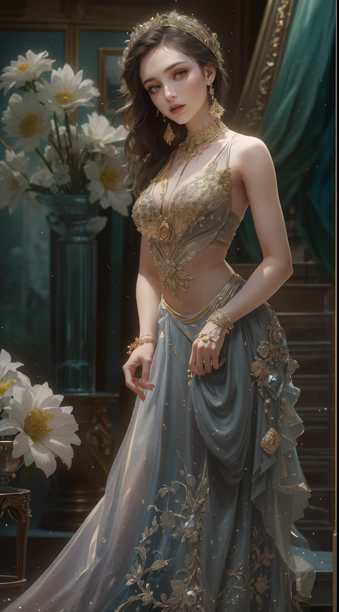 (Best quality,8K,A high resolution,Masterpiece:1.2),Ultra-detailed,(Realistic,Photorealistic,photo-realistic:1.37),Portrait,Creative style artwork,Historical,classical,Sophisticated,plethora of colors,Highly detailed,Soft lighting,luxurious environment,detailed gown,Vibrant flowers,detailed jewellery,Ethereal atmosphere,Elegant Pose,Graceful curves,Gold body proportions，Flowing hair,Breathtaking textile patterns,Harsh purple eyes,Delicate floral decoration,A dazzling array of crystal accessories,Mysterious and dreamy atmosphere,Impeccable attention to detail.