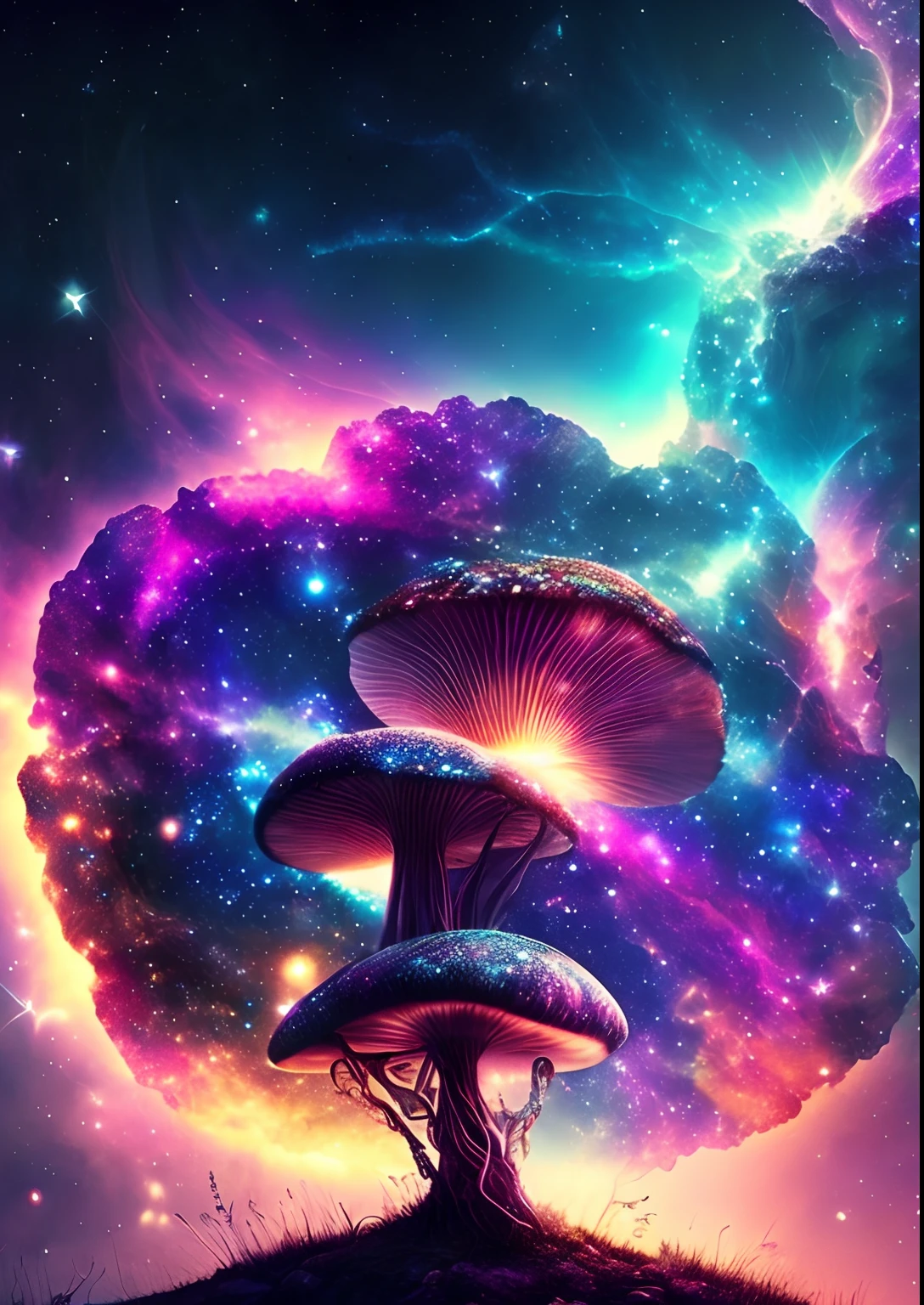 dreamlikeart, galaxy, outer space, nebula, star, [cyberpunked] Mushrooms from the stars. (star:1.5),