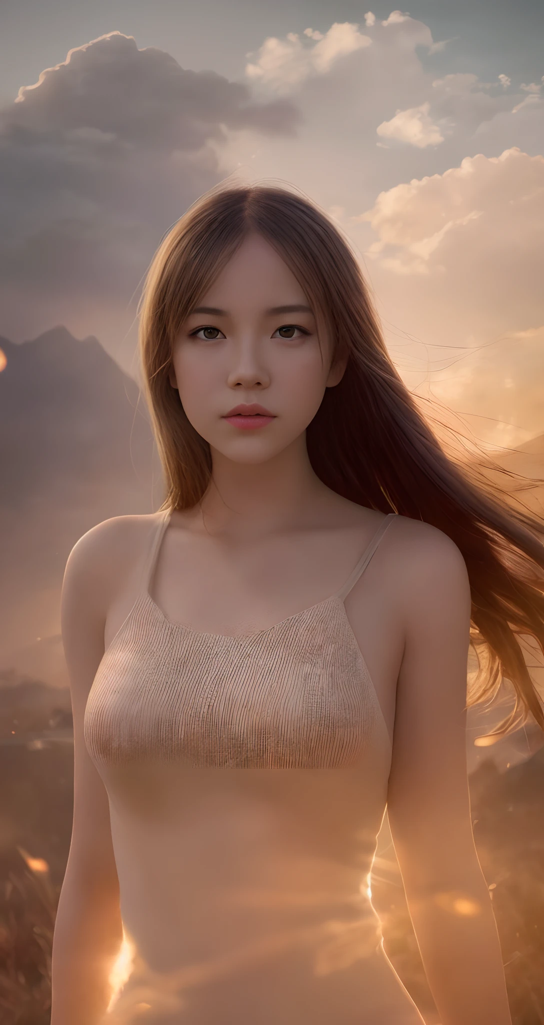 (Best Quality, Cinematic lighting, masutepiece:1.2), Ultra-detailed, "cinematic still", depth of fields, masutepiece, Textured skin, hight resolution, 1girl in, "Cloud Girl", "Floating in the sky", hight resolution, "Bright", "Warm and soft lighting", "Sunset", (Spark:0.7), 4K, 8K