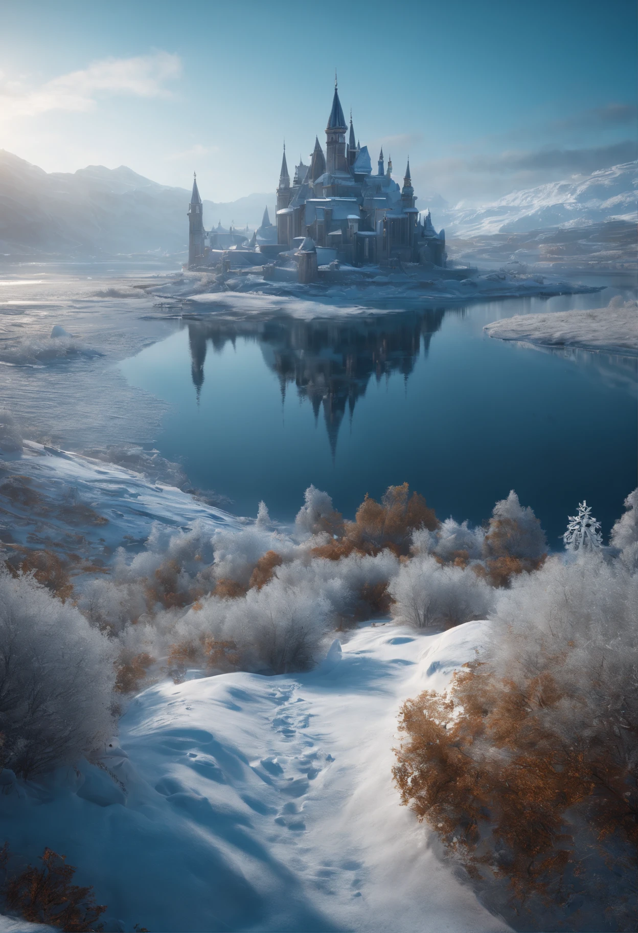 frost land, frost kingdom, stunning, cinematic lighting, unreal engine, trending on ArtStation, intricate details, masterpiece, best quality, by Irakli Nadar, Greg Rutkowski,(((best quality))),(((ultra detailed))),(((masterpiece)))