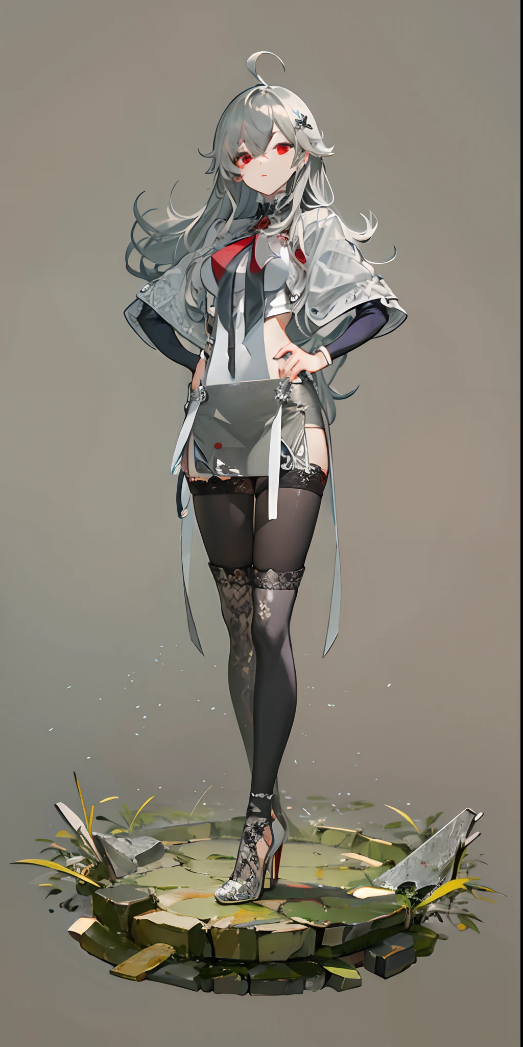 masterpiece,(bestquality),highlydetailed,ultra-detailed,  cold , 1girl , bishoujo , stare , (red eyes:1.5) , (beautiful detailed eyes:1.2) , (long hair:1.2) , (white hair:silver_hair:0.5) , (Wing-like bangs:ahoge:0.8) , (Dull hair:ahoge:0.8) , (Hair rings:0.8) , (braid:0.8) , (grey background) , (high heels:1.2) , standing , (thighhighs:1.2)
