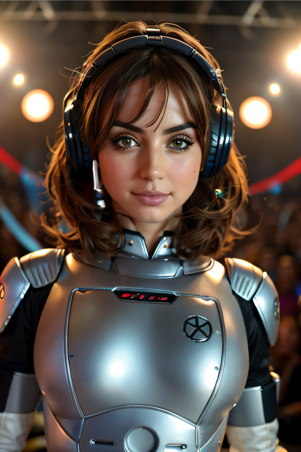 um close-up de uma mulher cosplayer, humanoid robot, corte de cabelo curto prateado, cabelos cacheados claros, Nice strip, Ana de Armas, Full Coated Crhome Robotic Body, seios grandes, DJ, apaixonado , com fones de ouvido shinny crhome,hand touching the headphones, Music festival background, 30 anos, expresison do mal, luzes de palco, Looking at camera, neutral expression, sexy, Brinquedo, Caixa de Brinquedo