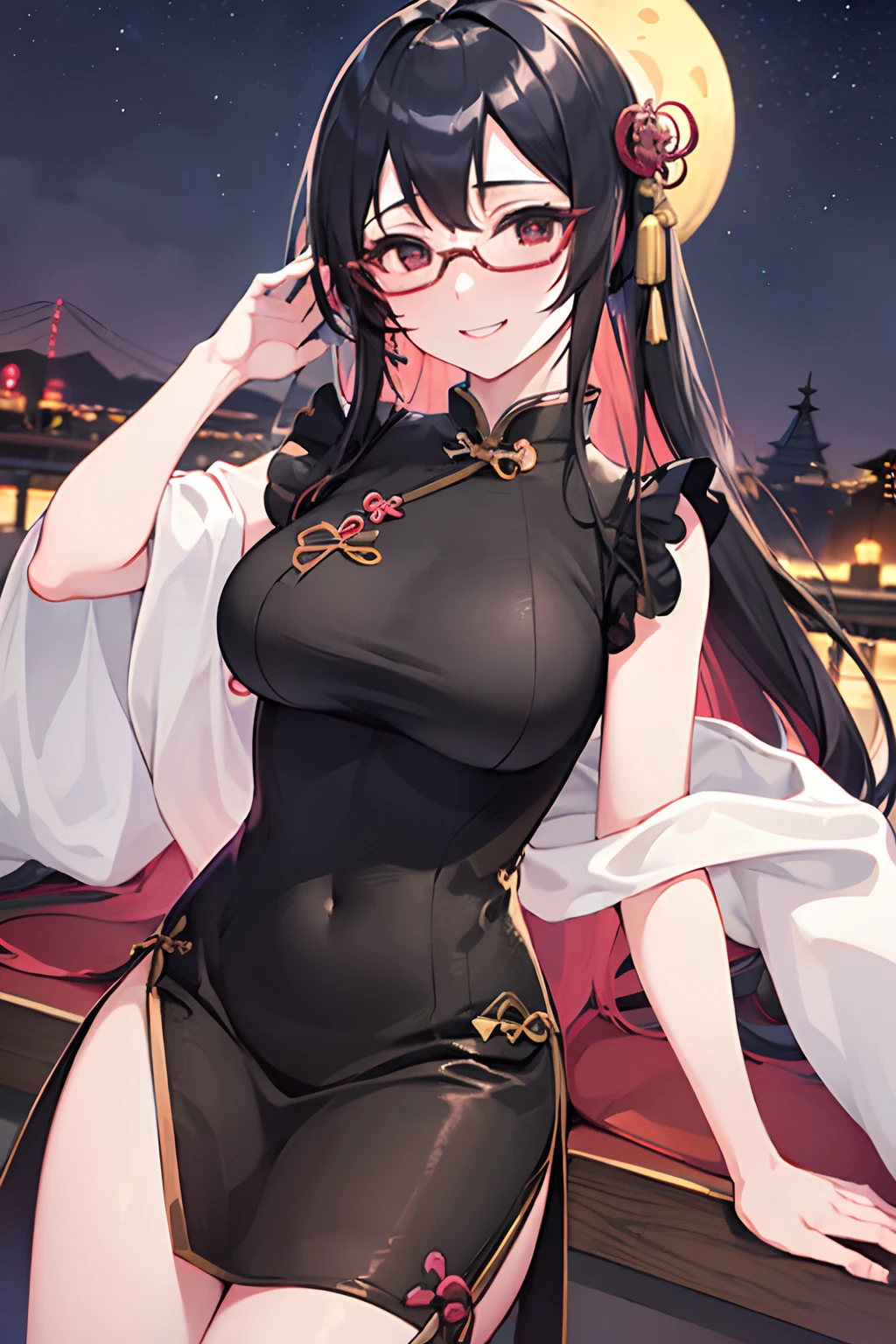 masutepiece, Best Quality,1girl in, (Solo:1.3),A dark-haired、Long hair、(Huge breasts:1.5),((eye glass))、A smile、(qipao dress:1.4),(nighttime scene:1.3)