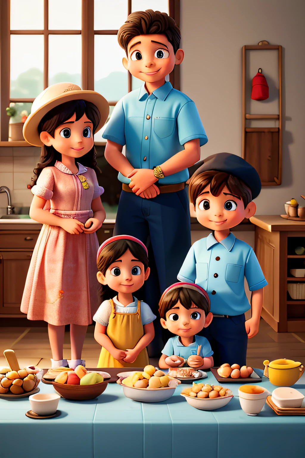 A family portrait，4 people，A relative，One mother，A 6-year-old boy，A 6 year old girl，Everyone was holding a kitchenware，Little boy and little girl with chef's hat，Happy expression