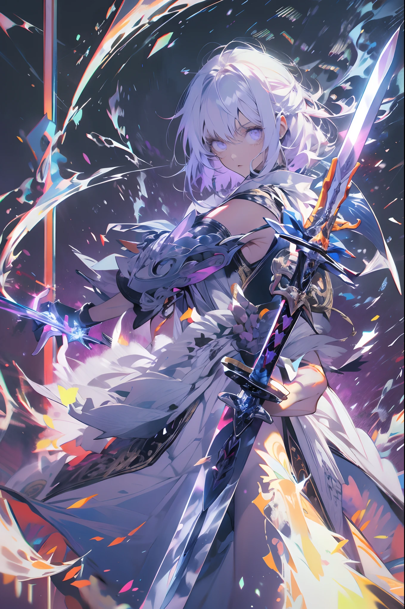 colorful, 1girl, white hair, purple eyes, dual wielding, sword, holding sword, blue flames, glow, glowing weapon, light particles, wallpaper, chromatic aberration,