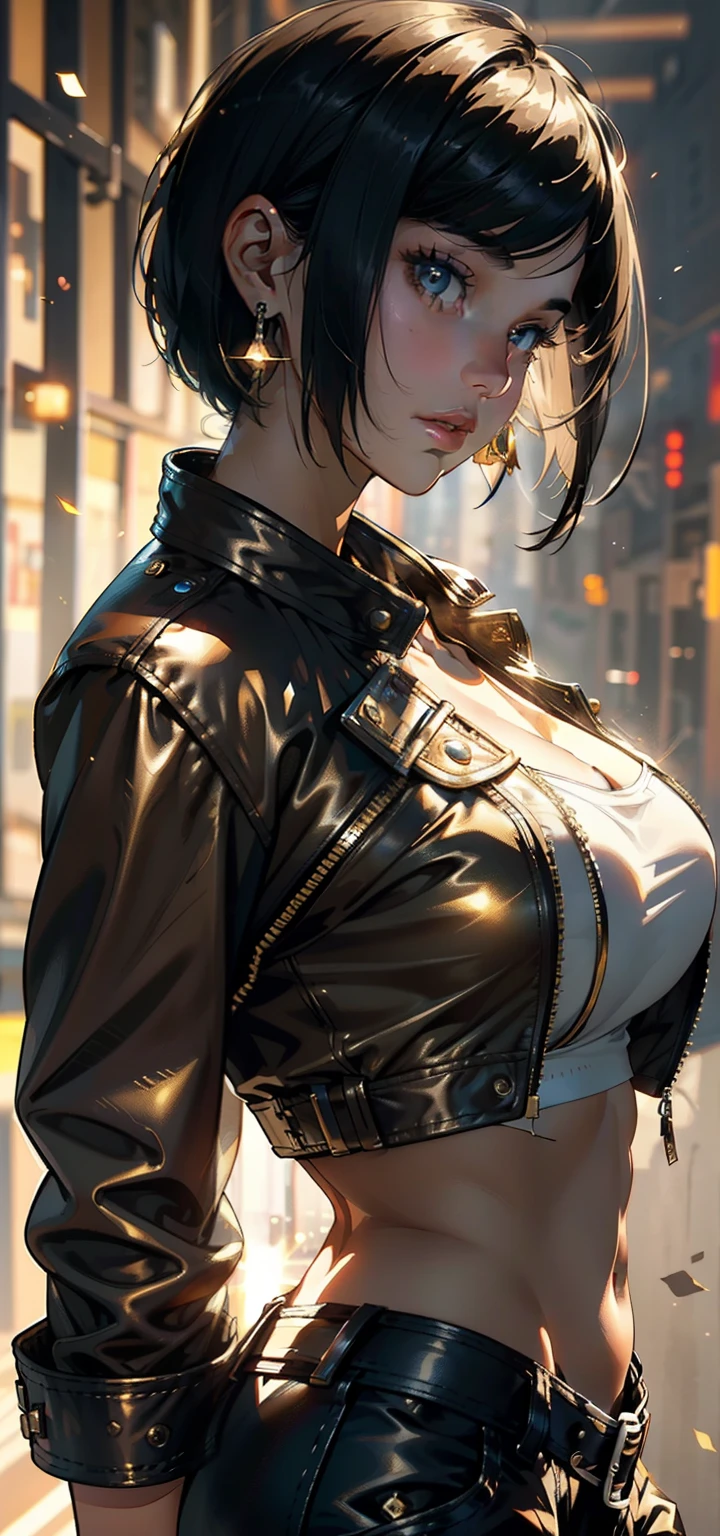 28 years old, top to bottom view, focus on face, focus in breast , large breast, round earings, leather jacket, white top , mini skirt, stylish, bob cut hair, highly detailed, cinematic background, sparks of golden light, galaxy background