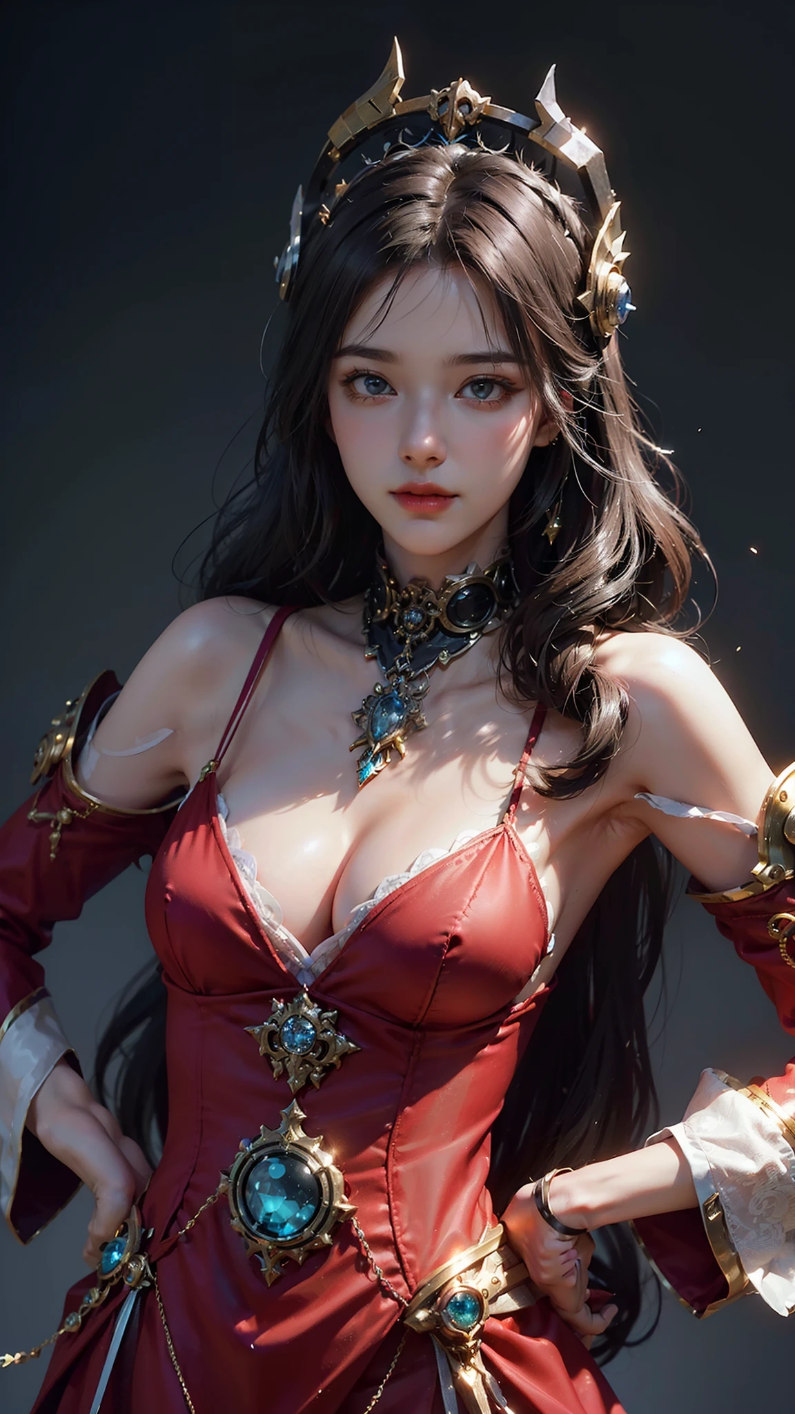(((Masterpiece, top quality, super detailed))), (((One endless mage girl, , radiating magic))), (((complex mechanical headgear, complex mechanical steampunk fashion and overdecorated gothic fashion and neon glitter cyberpunk fashion fusion of))), bust-up photos, ((((very detailed face))), (((very sharp focused eyes))), very large slit dark gray eyes that shine like jewels. Very long eyelashes, long dark hair in vertical curls, thick bangs, perfect princess cut, very gorgeous tiara, red outfit, (((perfectly accurate human anatomy))), long neck, narrow shoulders, long slender arms, small breasts, very narrow waist, very small buttocks, long slender legs, (((overall accuracy has been dramatically improved, creating super detailed, realistic and realistic images)))), (((magic, magic spell light, magic weapon))), dynamic poses, cinematic lighting,
