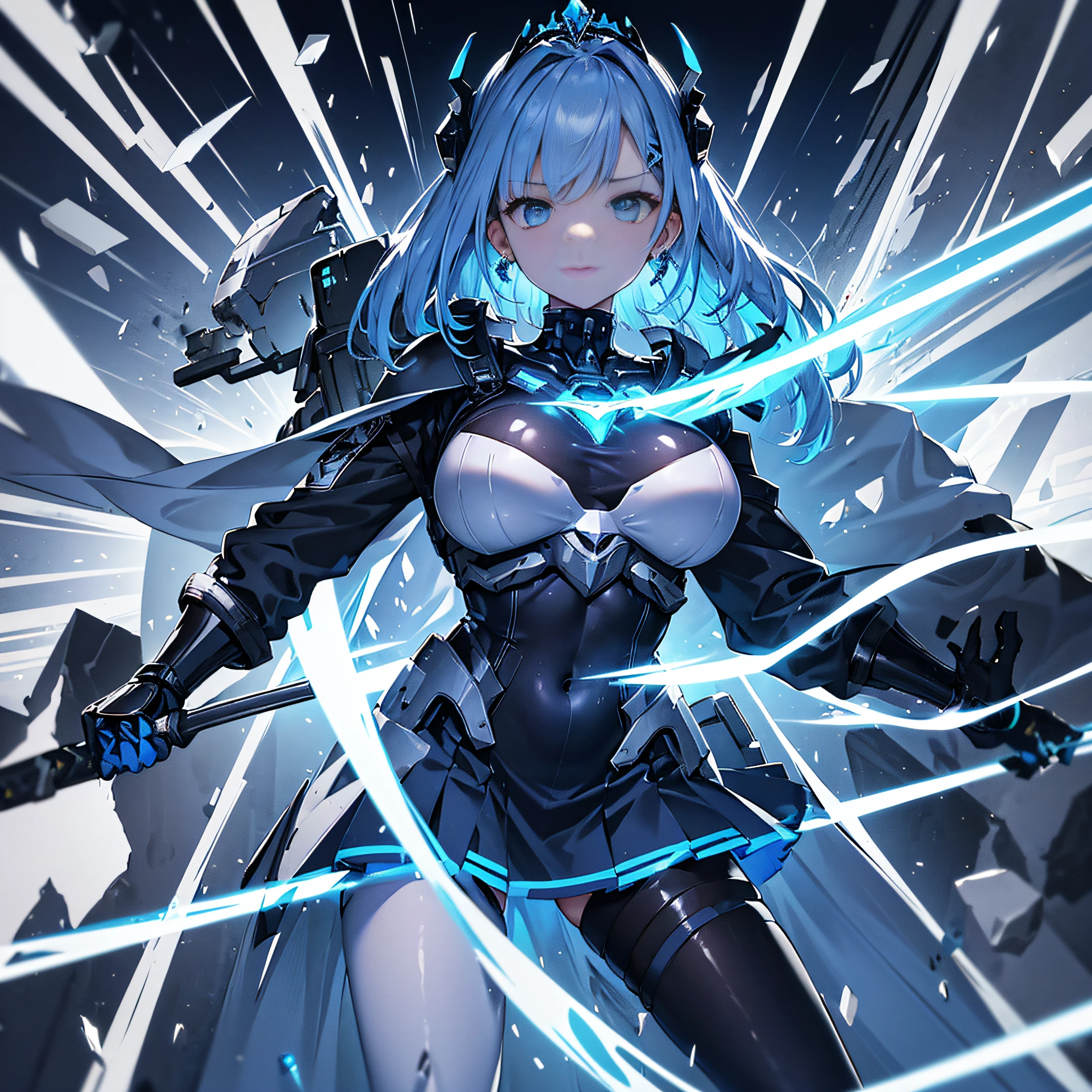 Marine Cyborg Female Officer Wearing White Protector(short stature small tits A slender Cleopatra Kat Cobalt blue hair Brown eyes Black lips) A communication device like a tiara is attached to the head A black metal skeleton covers the torso of a woman wearing a white inner suit, and the oval crystal on her chest glows blue. Both shoulders are protected by armor with three plates stacked on the left and right, and metal fibers extending from the armor cover up to the elbows. Small backpack on the back The waist circumference is on the front front left and right1Each short plate is fixed as skirt armor on the back side, left and right center. Armor boots protect your legs wrapped in light-colored tights up to your thighs。(SF)