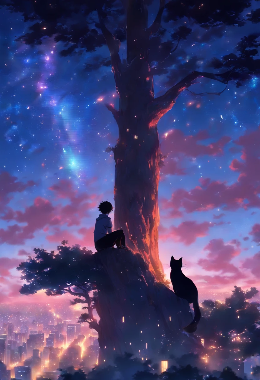 (reddish、Pink),octans, 天空, stele(天空), landscapes, starrysky, natta,( 1girl in,One Cat、Snuggle up:1.5),(Snuggle up:1.3),catss,nigh sky, 独奏, plein air, built, 云, shooting stars,sitting on, The tree, length hair, 城市, silhuette, Cityscape,from behind