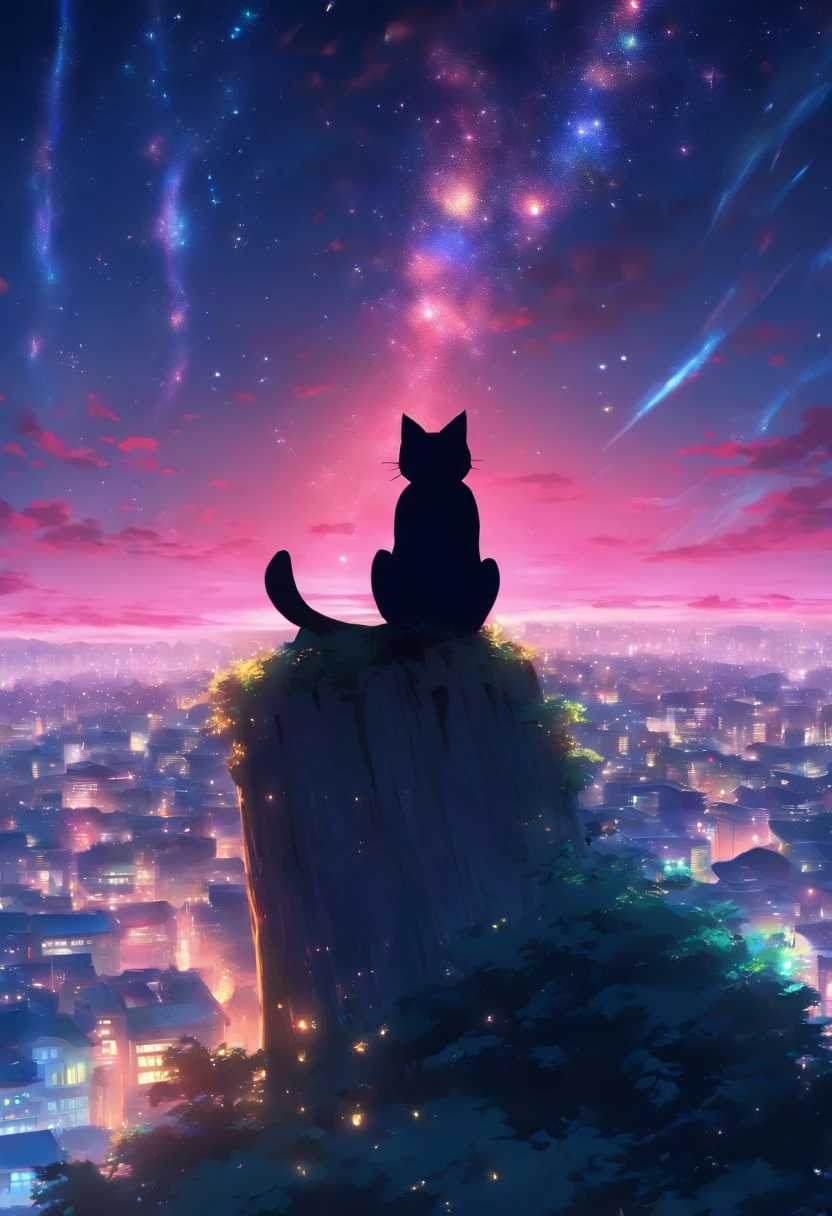 （reddish、Pink），octans, 天空, stele(天空), landscapes, starrysky, natta,（ 1girl in,One Cat、Snuggle up：1.5），（Snuggle up：1.3），catss，nigh sky, 独奏, plein air, built, 云, shooting stars，sitting on, The tree, length hair, 城市, silhuette, Cityscape，from behind