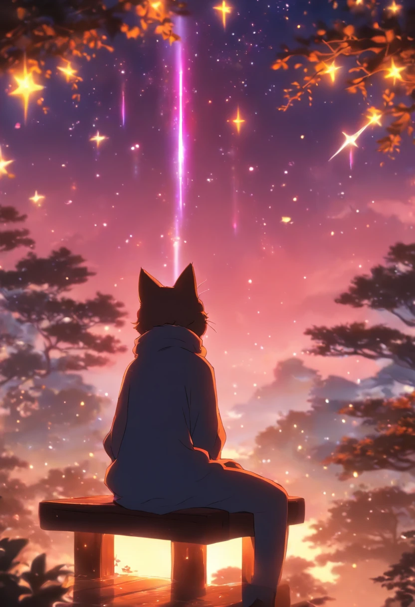 （reddish、Pink），octans, 天空, stele(天空), landscapes, starrysky, natta,（ 1girl in,One Cat、Snuggle up：1.5），（Snuggle up：1.3），catss，nigh sky, 独奏, plein air, built, 云, shooting stars，sitting on, The tree, length hair, 城市, silhuette, Cityscape，from behind