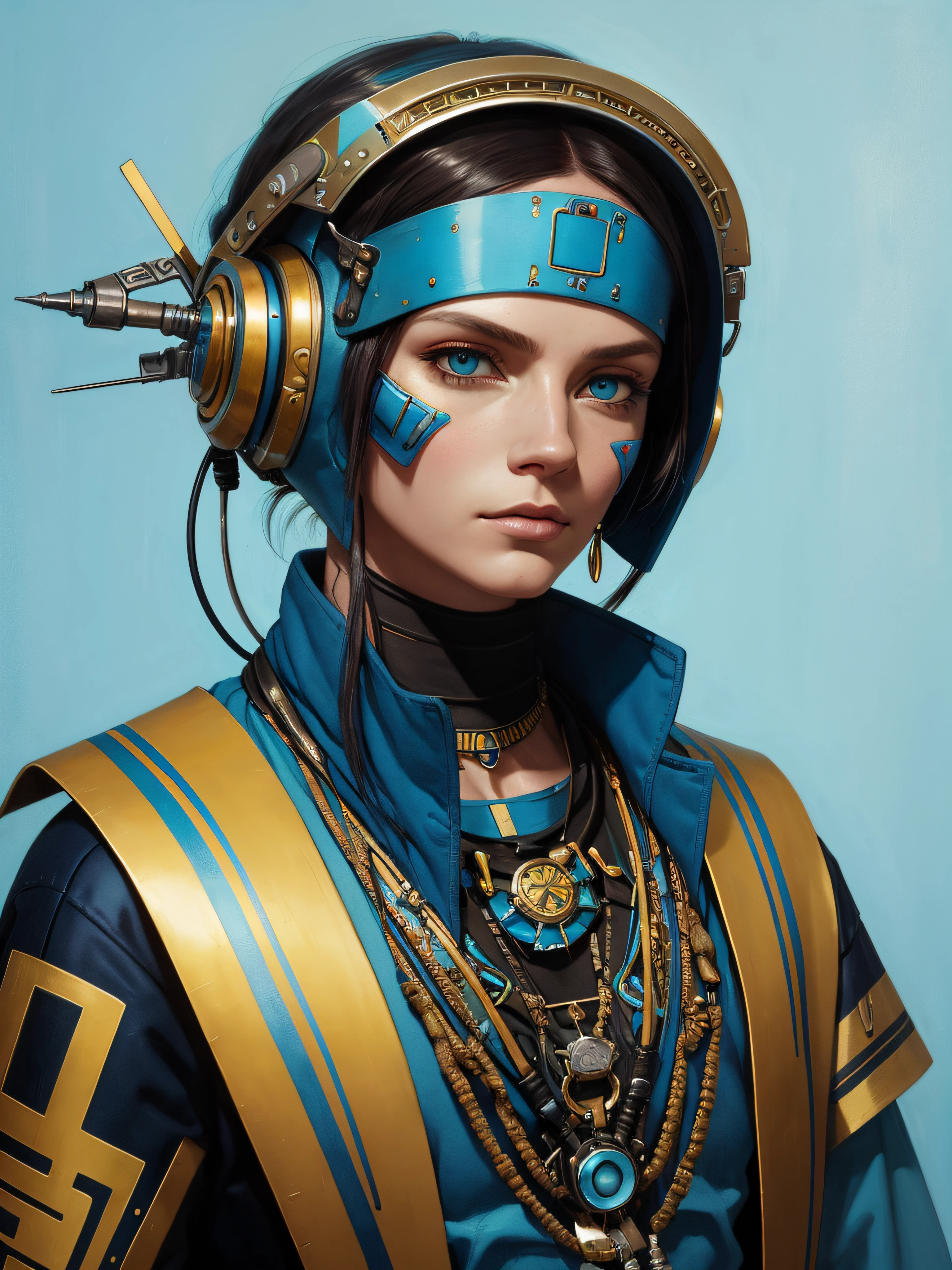 n the style of cyberpunk futurism, Inca influence, etam cru, light blue and gold, michael creese, steelpunk, michael hussar, white background