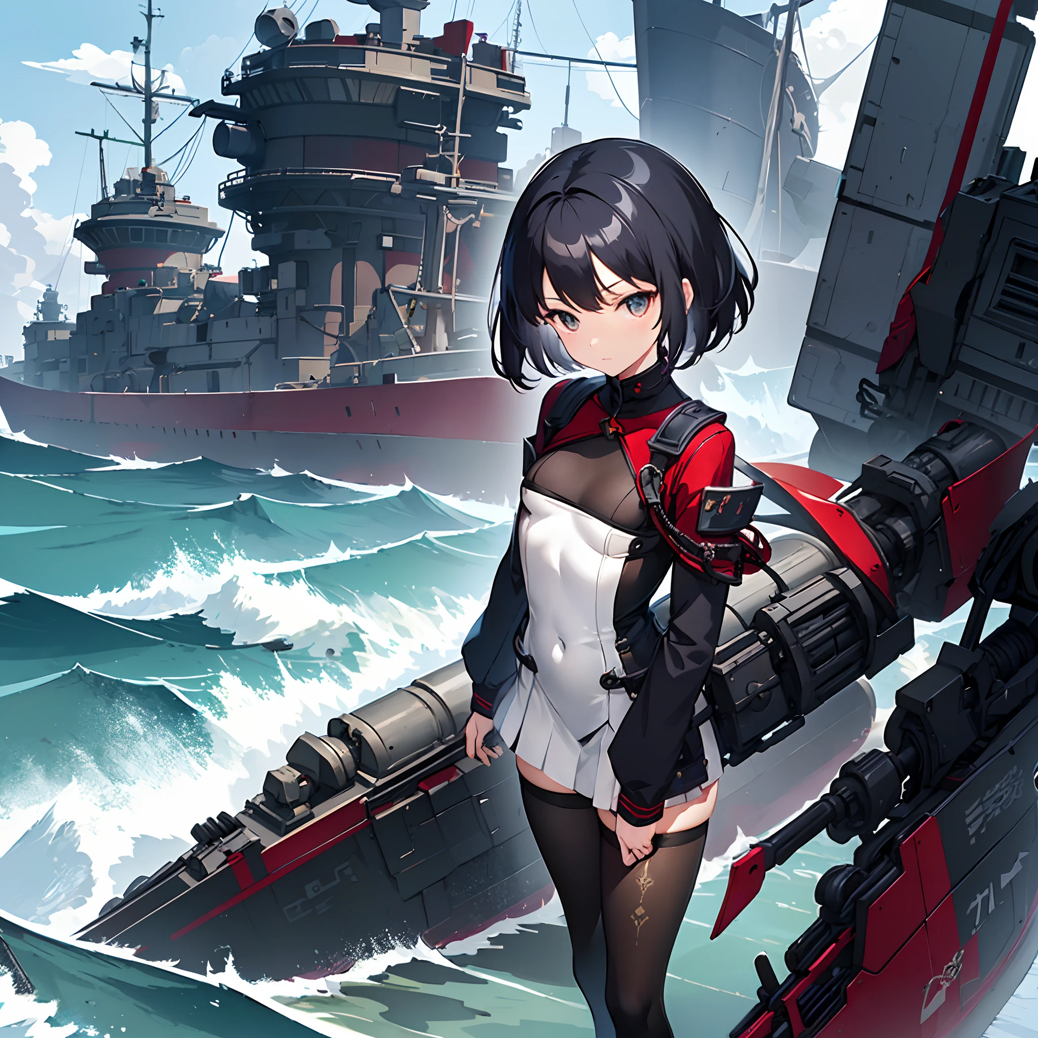 1 girl, solo, black hair, short hair, ***********, little child, mechanical rigging, small breasts, black tights, sea side