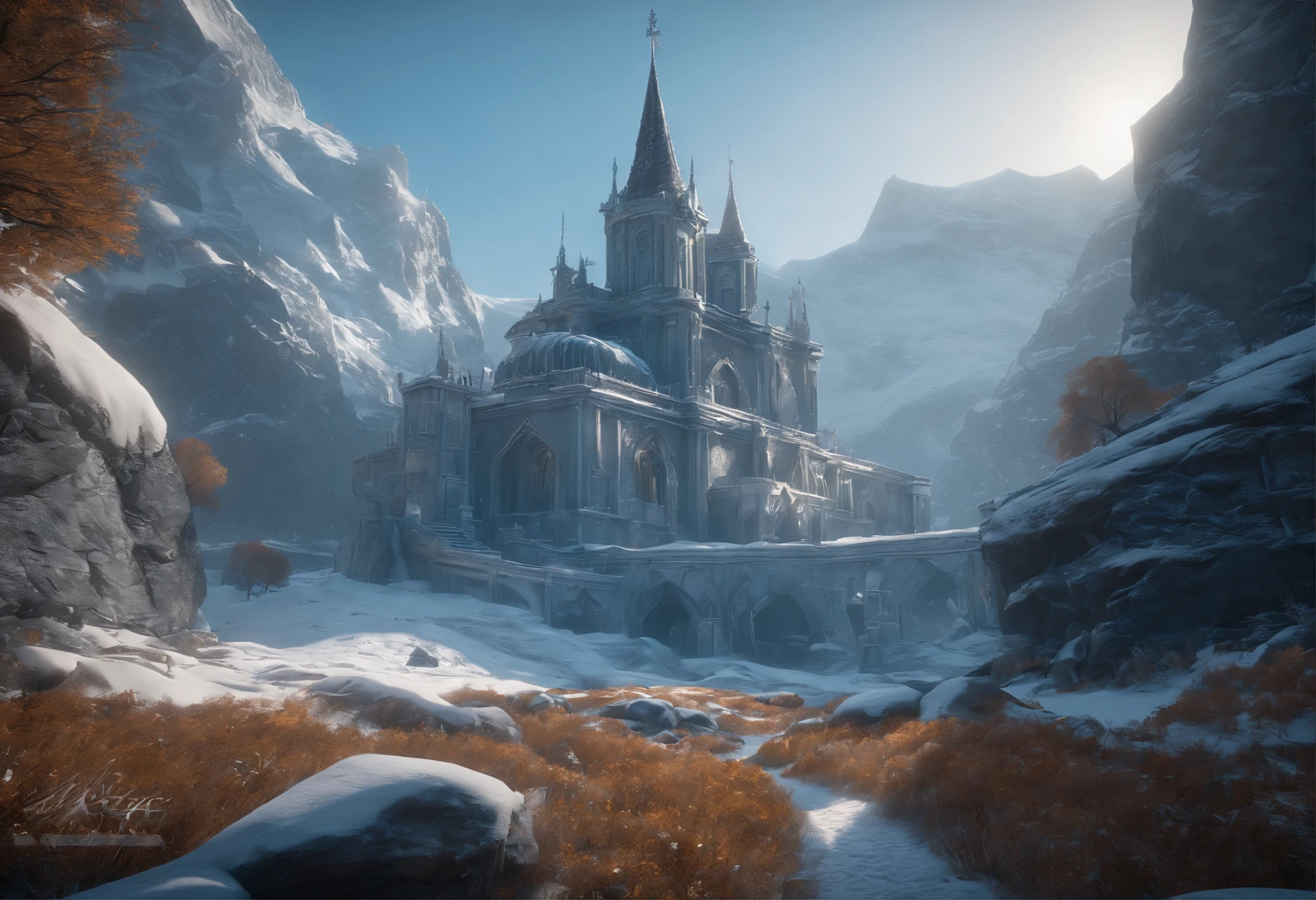 frost land, frost kingdom, stunning, cinematic lighting, unreal engine, trending on ArtStation, intricate details, masterpiece, best quality, by Irakli Nadar, Greg Rutkowski,(((best quality))),(((ultra detailed))),(((masterpiece)))
